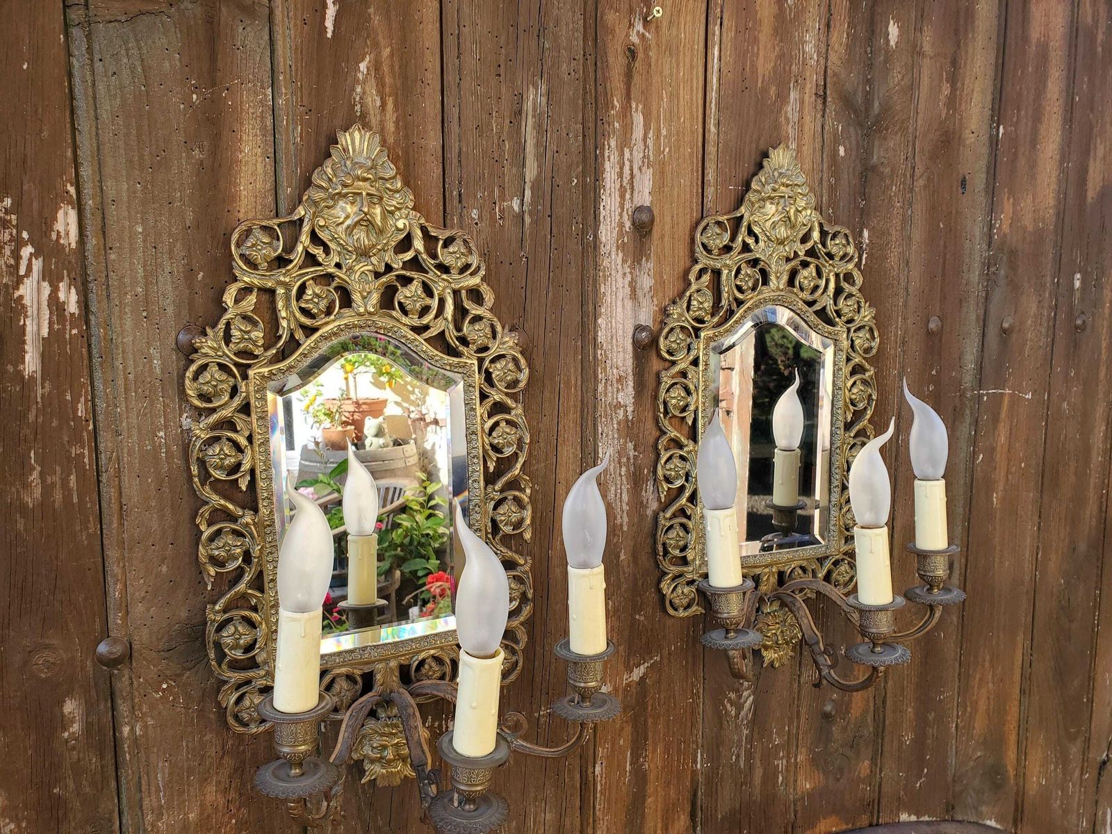 French Antique Bronze Mirror Candlestick Sconces / Pair Of Bronze Mirror Sconces / Electric Converted 6 Bulb Sconces / 19c Sconces photo vinterior
