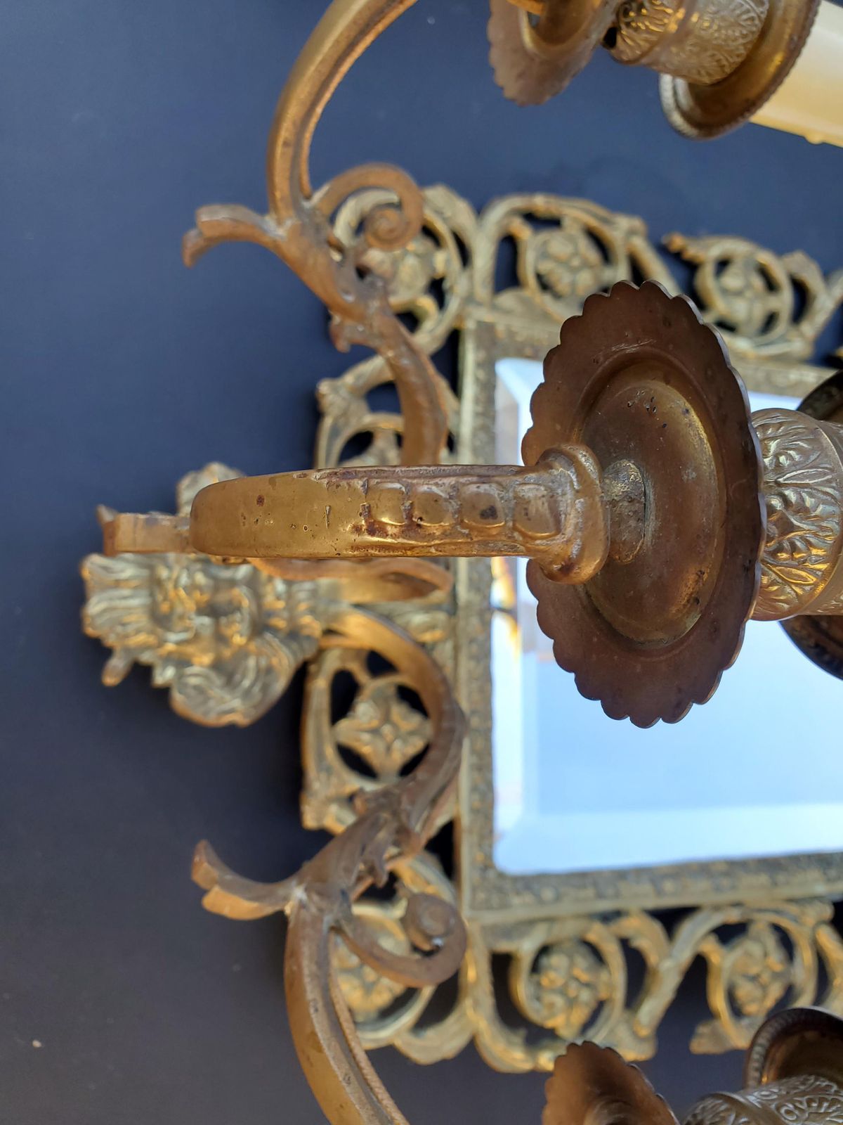 photo for sale French Antique Bronze Mirror Candlestick Sconces / Pair Of Bronze Mirror Sconces / Electric Converted 6 Bulb Sconces / 19c Sconces