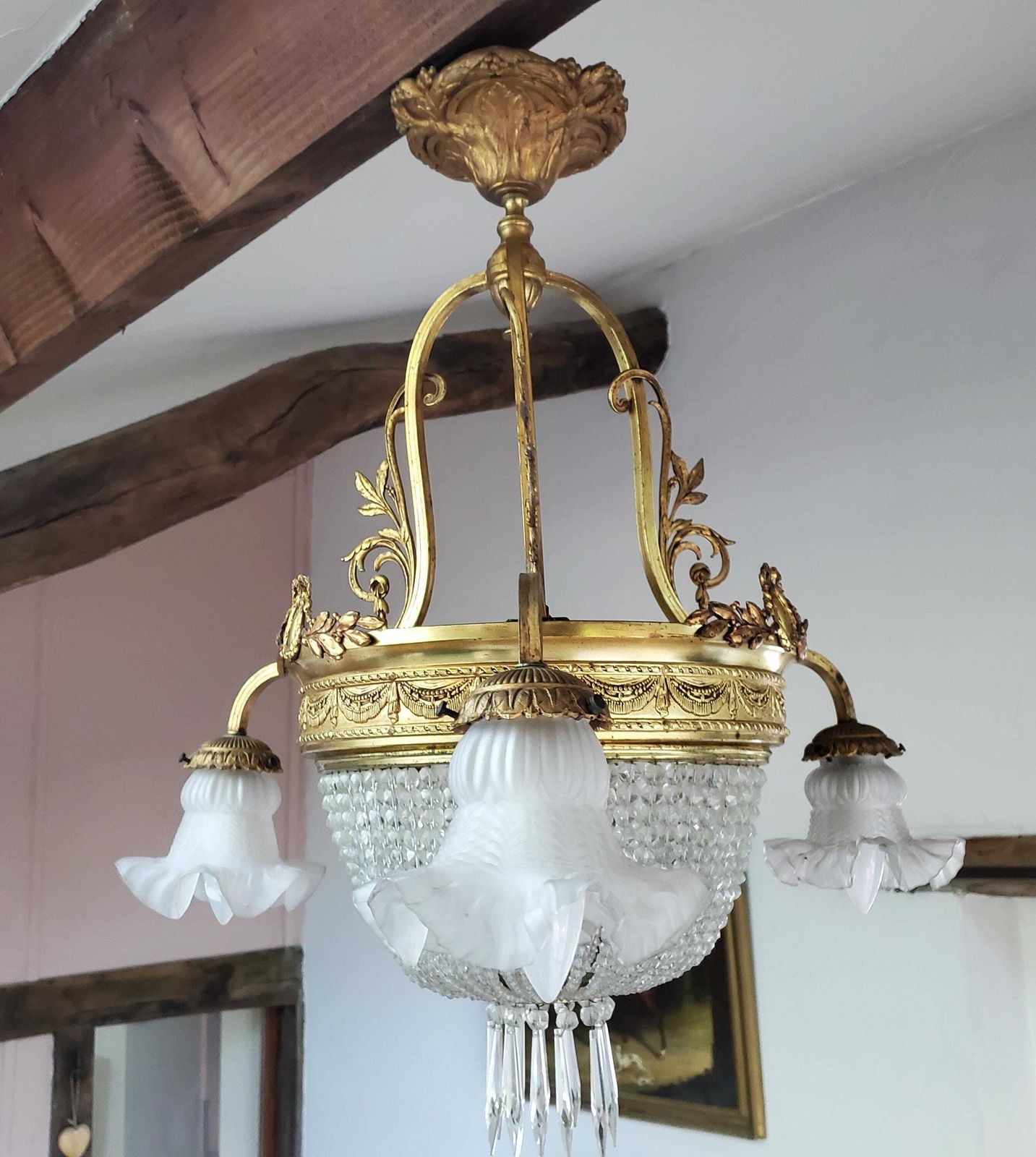 French Bag Or Basket Chandelier / Large French Chandelier / Cut Crystal Chandelier / 6 Bulb French Empire Chandelier / Bronze Chandelier photo for sale