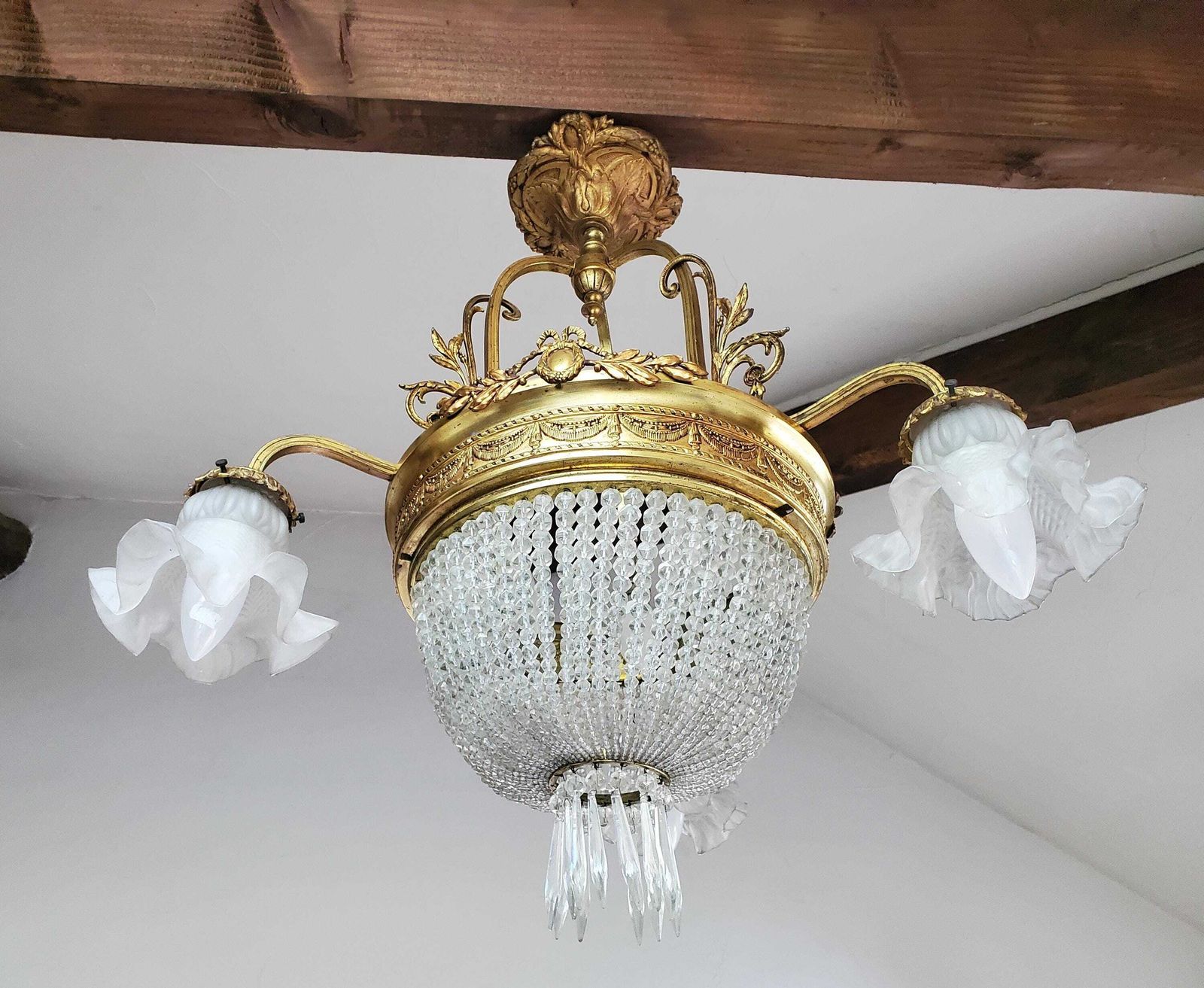 French Bag Or Basket Chandelier / Large French Chandelier / Cut Crystal Chandelier / 6 Bulb French Empire Chandelier / Bronze Chandelier photo vintage