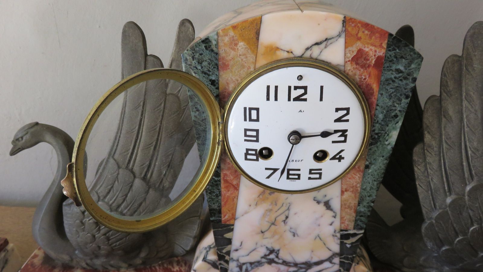 Art Deco Marble/Granite Clock / French Marble Clock With Vases / French Art Deco Clock With 2 Black Swans / Fully Serviced And Working photo Home Decor