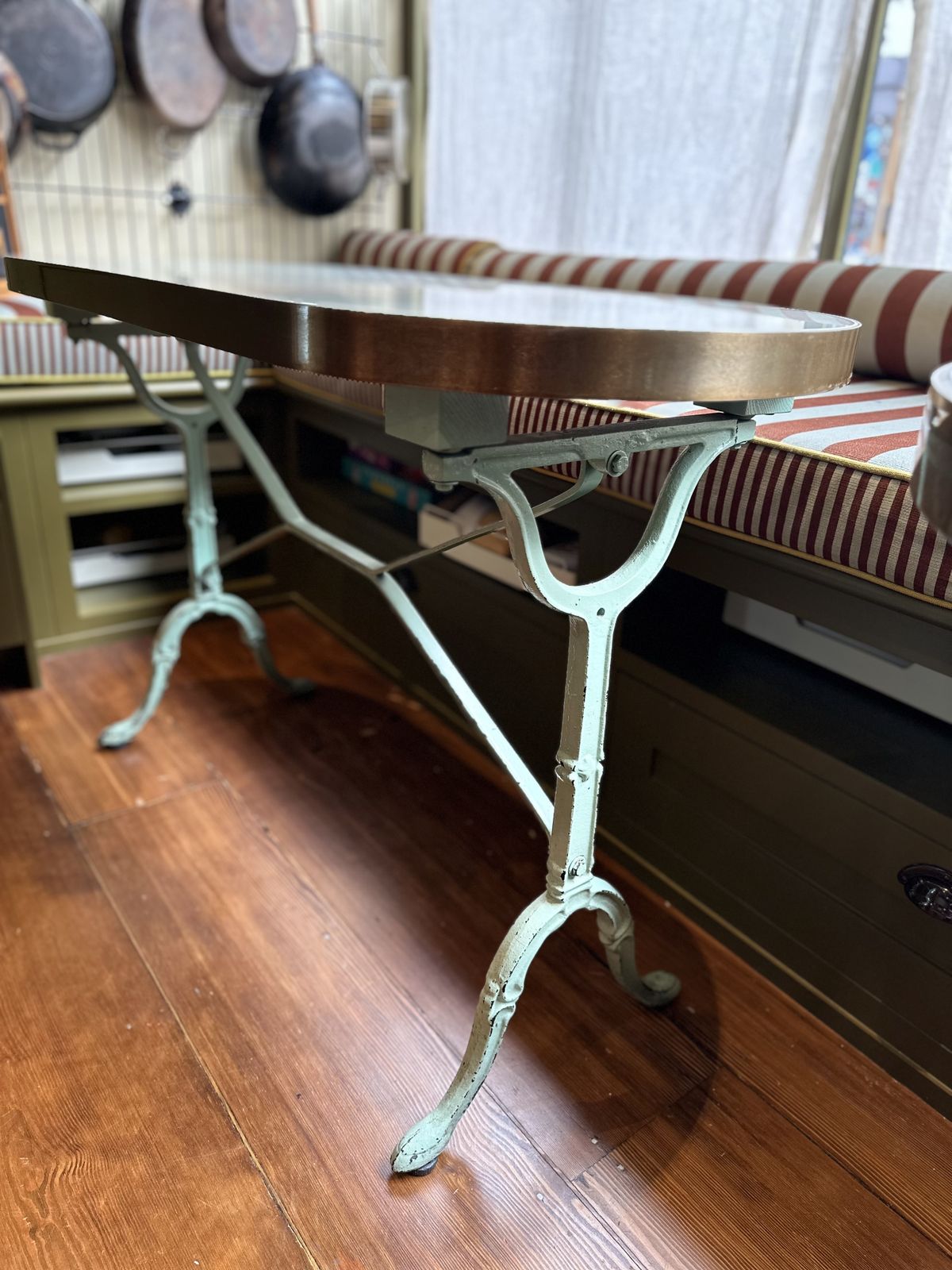 Bespoke French Bistro Table – Brass Rim, Glass Watercolor Top, Cast Iron Legs – Unique Design photo Furniture