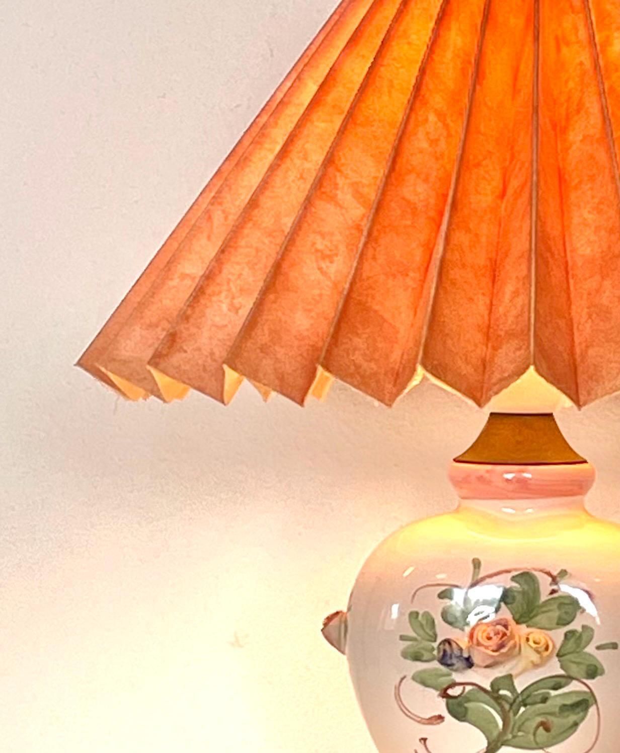 Vintage Mid Century Design Table Lamp In Beautiful Glazed Porcelain With Flower Decoration And Peach Vintage Fabric Shade photo furniture