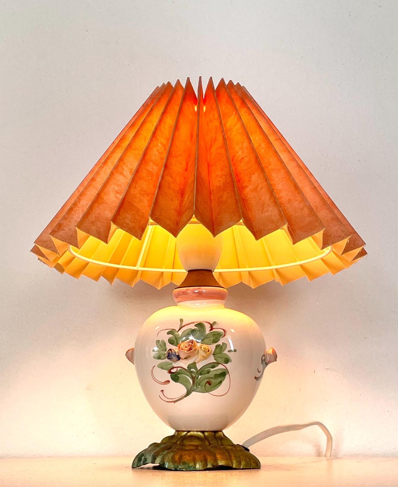 Vintage Mid Century Design Table Lamp In Beautiful Glazed Porcelain With Flower Decoration And Peach Vintage Fabric Shade photo for sale
