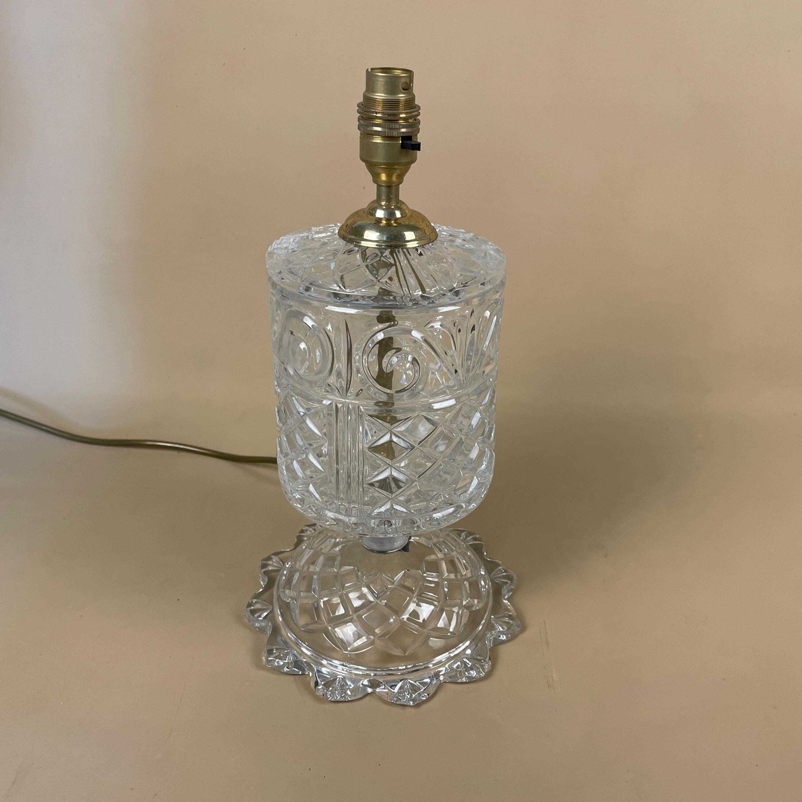 Antique Clear Cut Glass Lamp Light Bedside Table Gold Brass Fitting Column Art Deco Scalloped Base Vintage