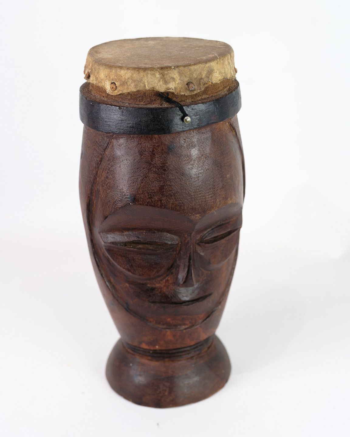Hand Carved African Drum  In Dark Wood And Leather  With A Design Of A Face