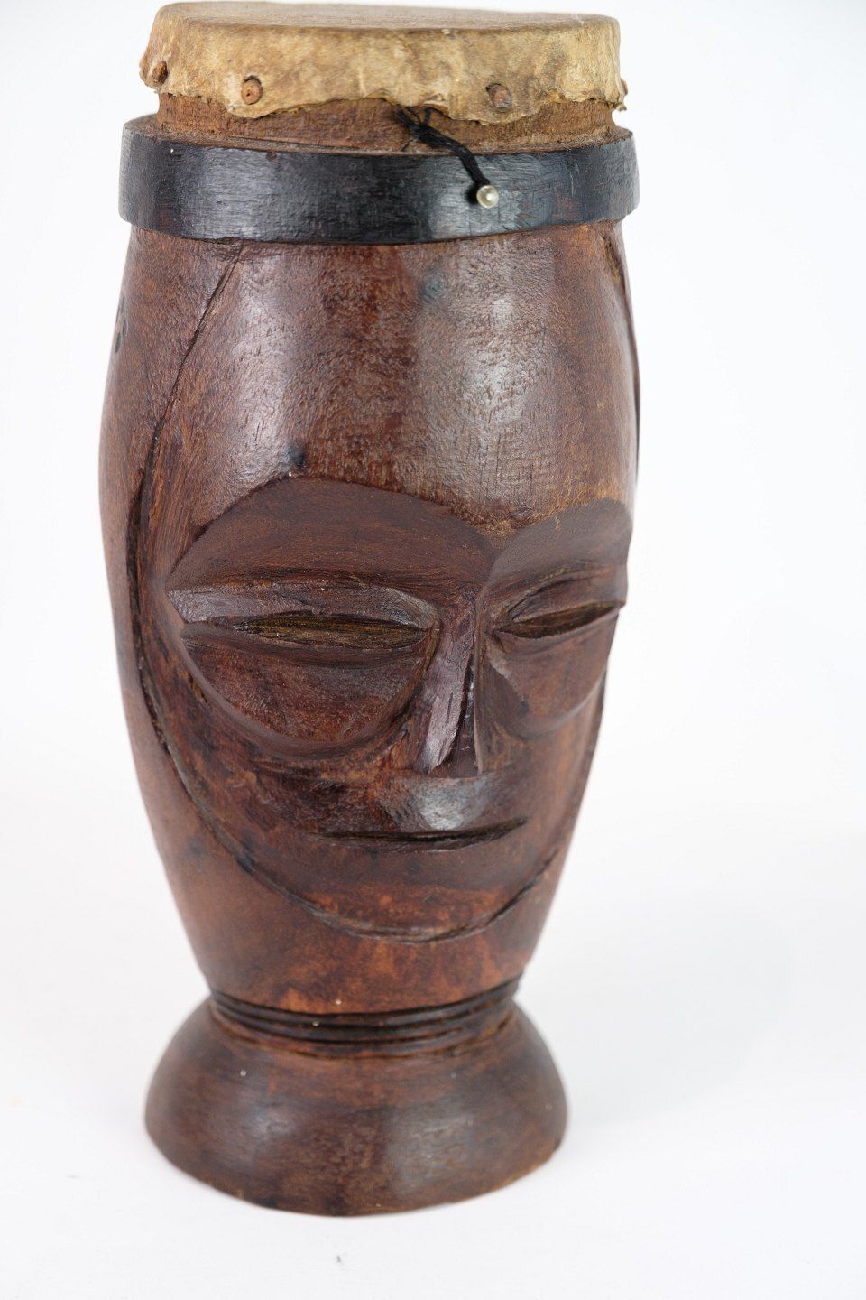 Hand Carved African Drum  In Dark Wood And Leather  With A Design Of A Face photo furniture
