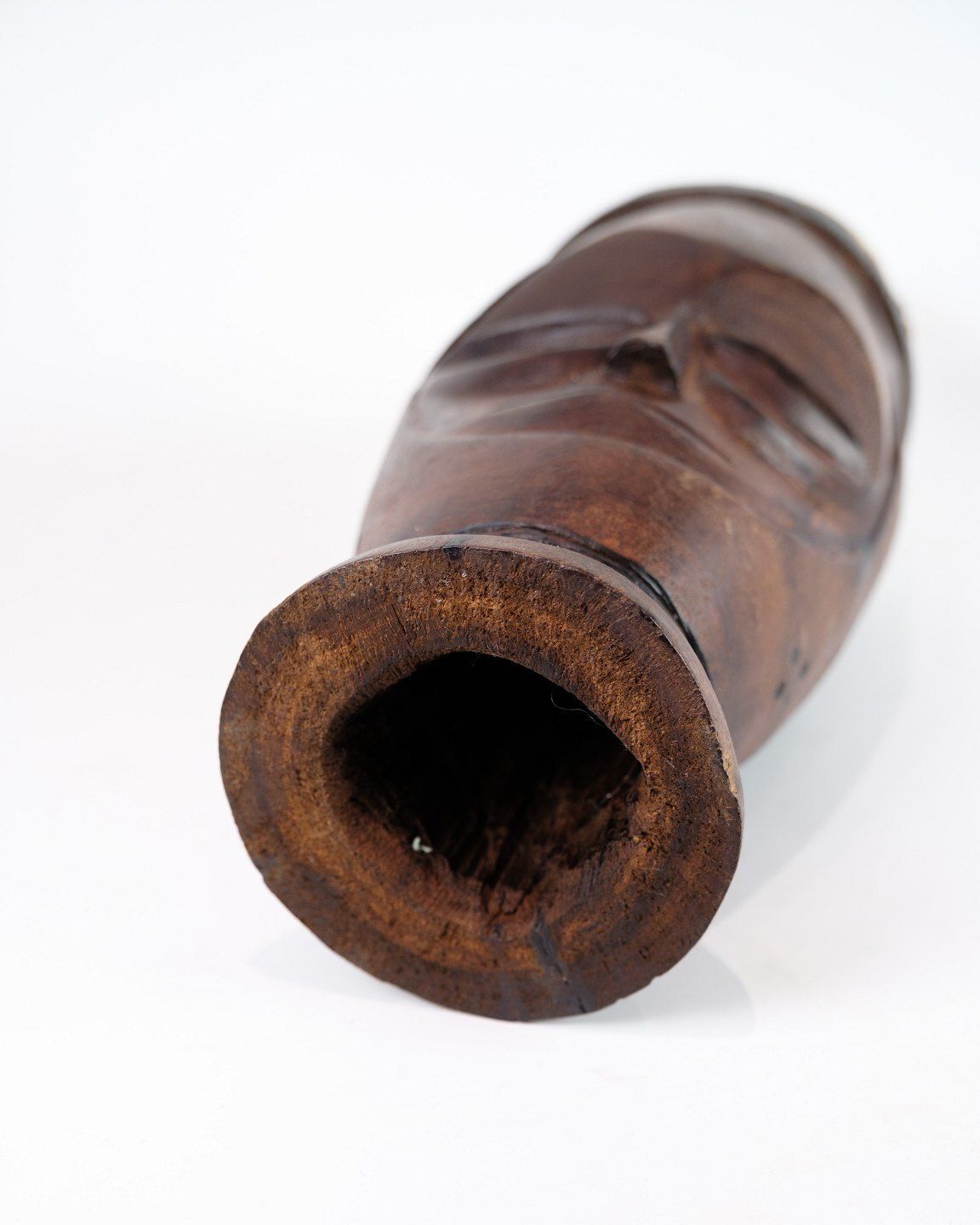 Hand Carved African Drum  In Dark Wood And Leather  With A Design Of A Face photo 295.0