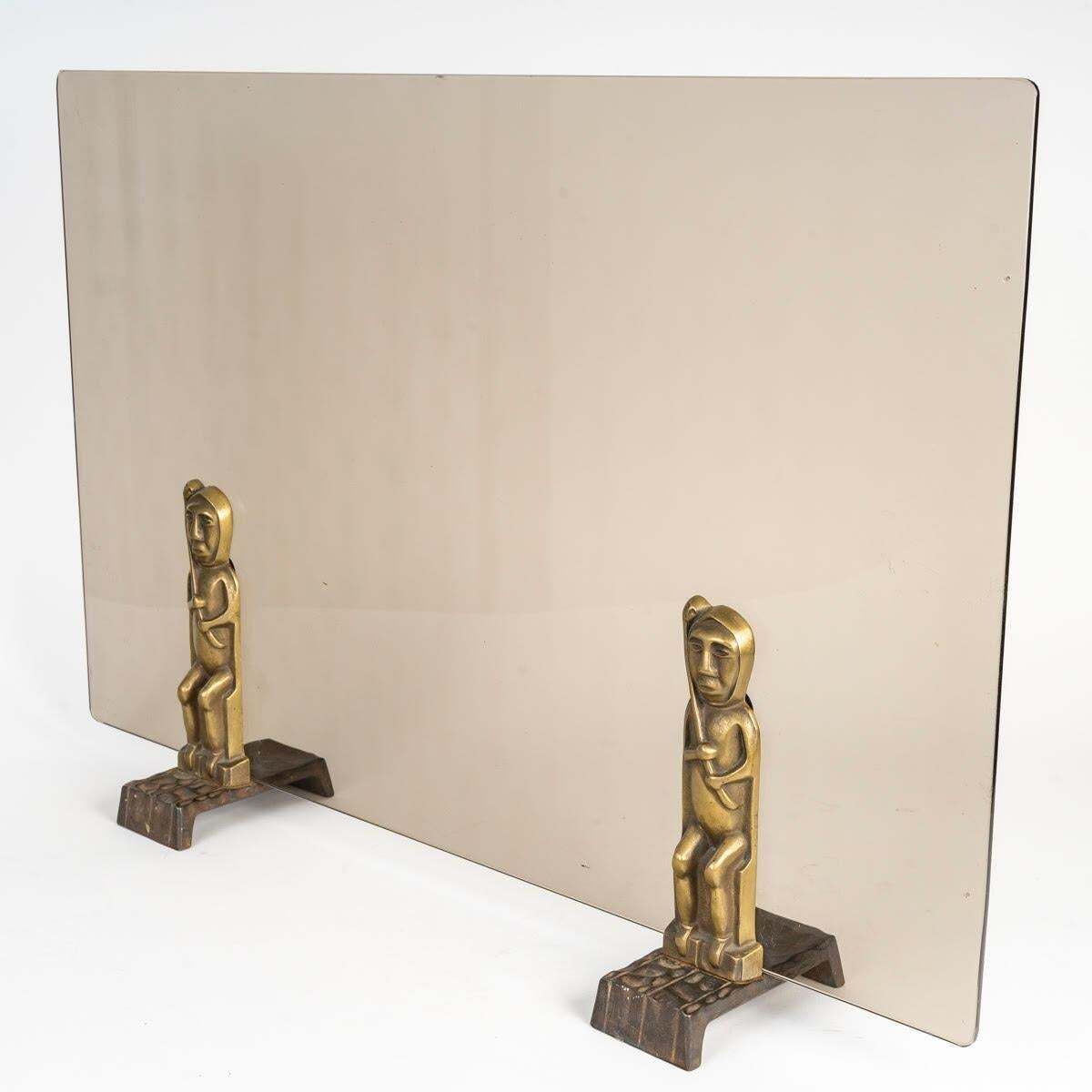 Fire Screen In Bronze And Tinted Glass Plate, Tribal Art. photo for sale