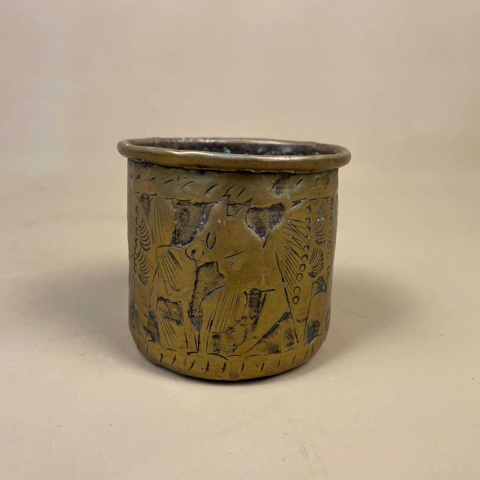 Antique Metal Gold Middle East Patterned Brass Plant Pot Planter Jardiniere Small Handmade Engraved Etched Intricate Vintage Urn Decorative photo furniture