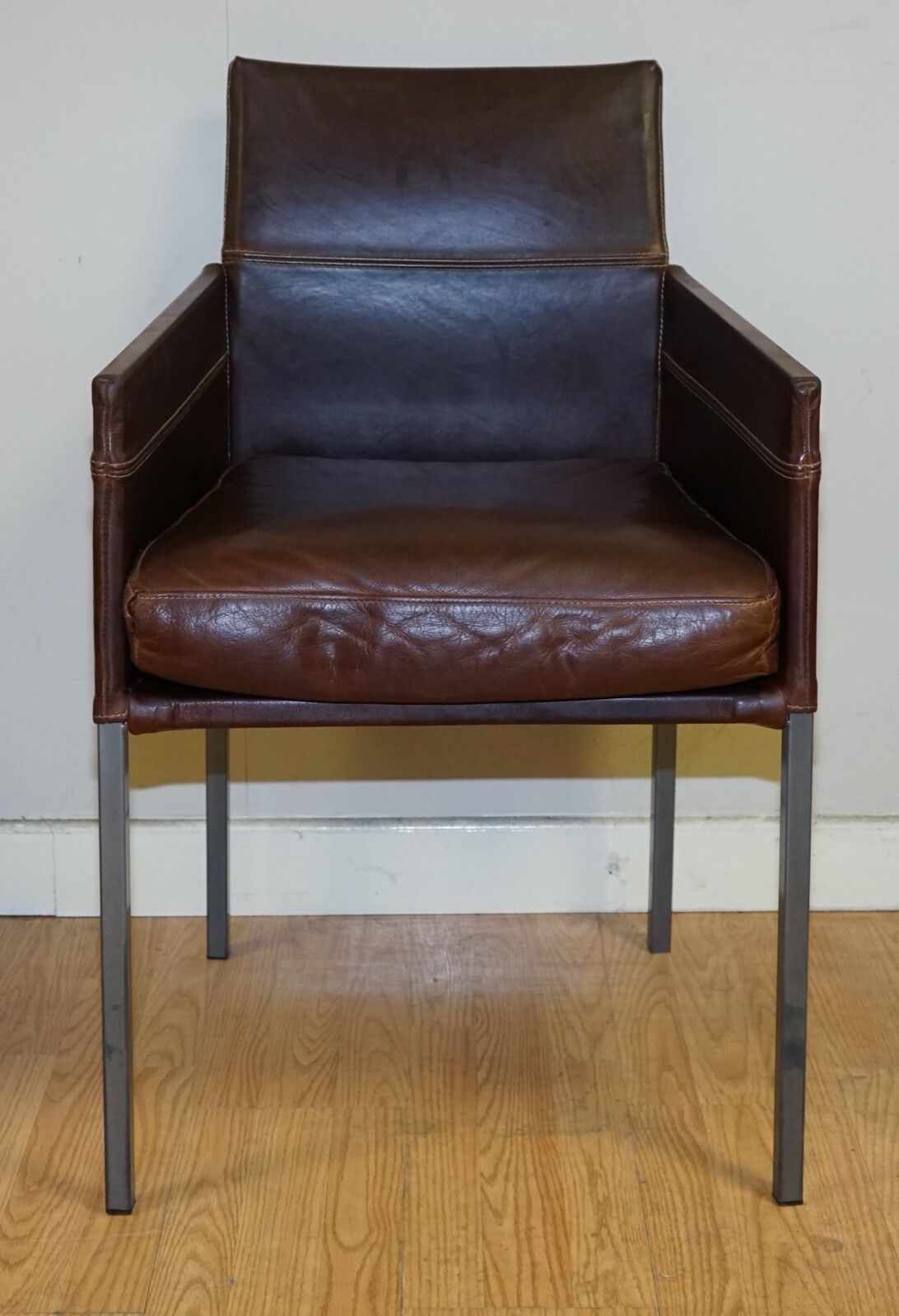 Furniture Vintage Brown Leather And Steel Texas Dining Chair By Karl Friedrich Förster photo