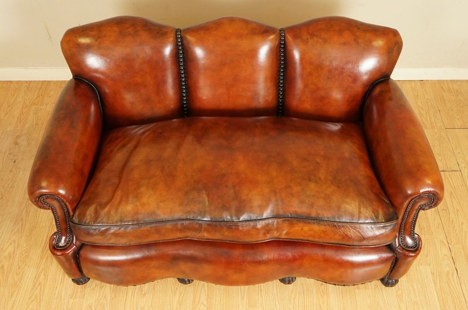 Fully Restored Hand Dyed Whisky Brown Edwardian Sofa With Feather Filled Cushion photo Furniture