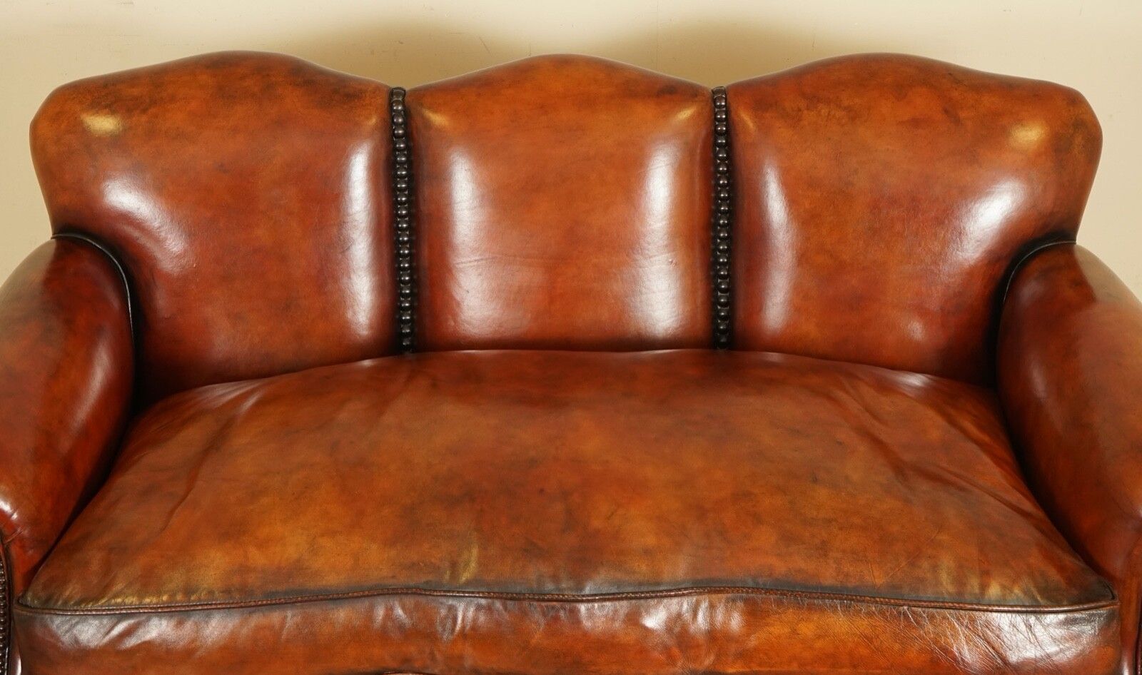 Fully Restored Hand Dyed Whisky Brown Edwardian Sofa With Feather Filled Cushion photo 6500.0