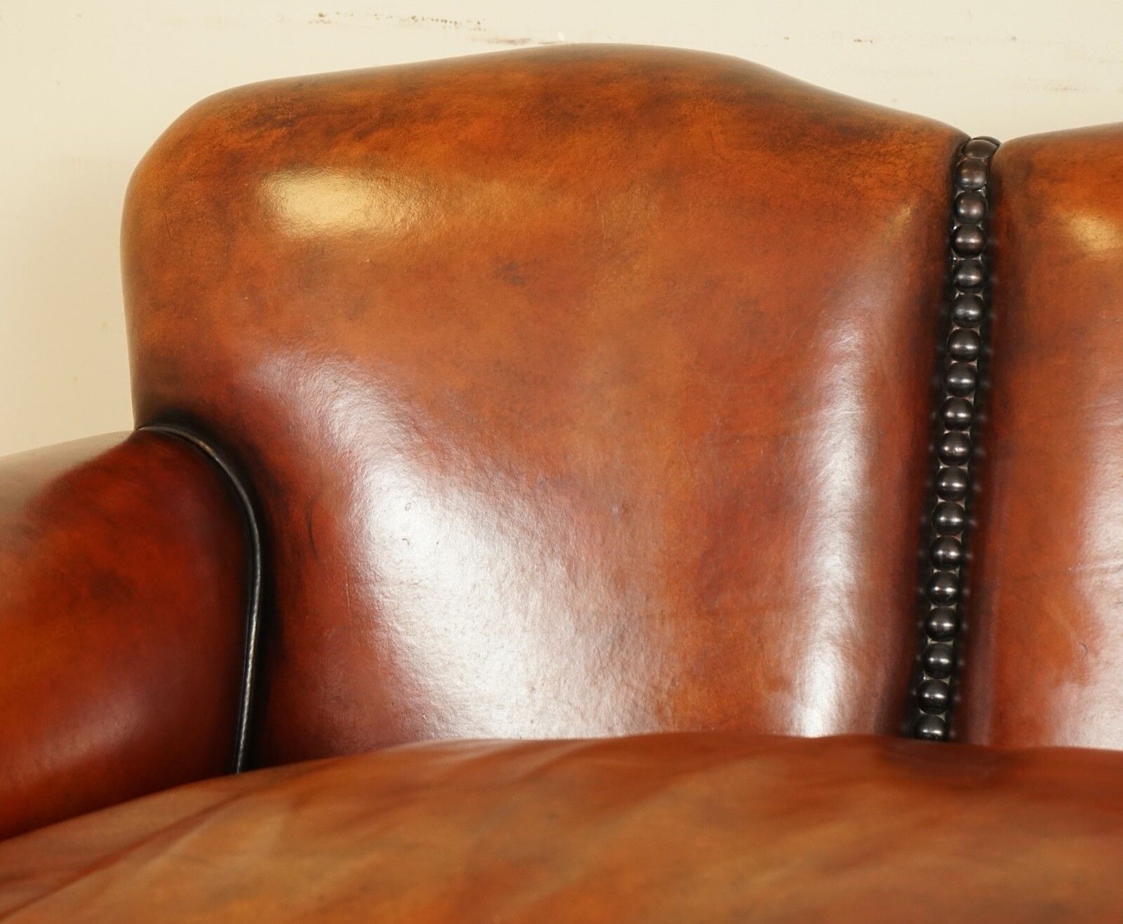 Fully Restored Hand Dyed Whisky Brown Edwardian Sofa With Feather Filled Cushion photo vinterior