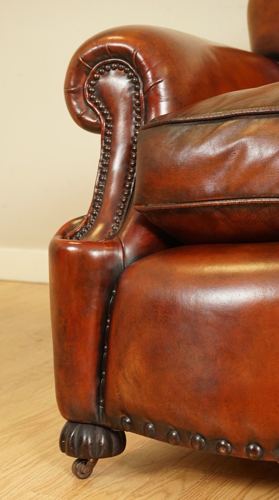 Fully Restored Hand Dyed Whisky Brown Edwardian Sofa With Feather Filled Cushion photo buy
