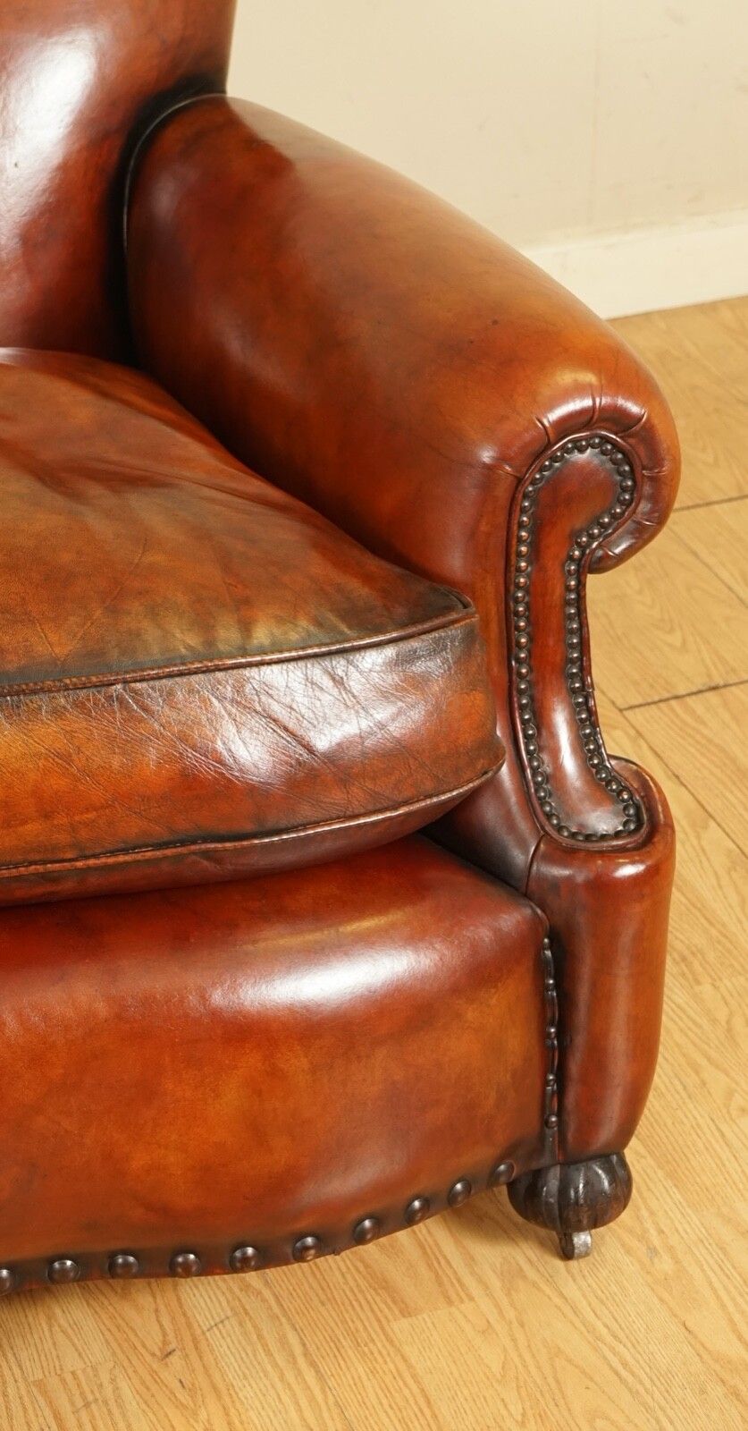 Fully Restored Hand Dyed Whisky Brown Edwardian Sofa With Feather Filled Cushion photo vintage