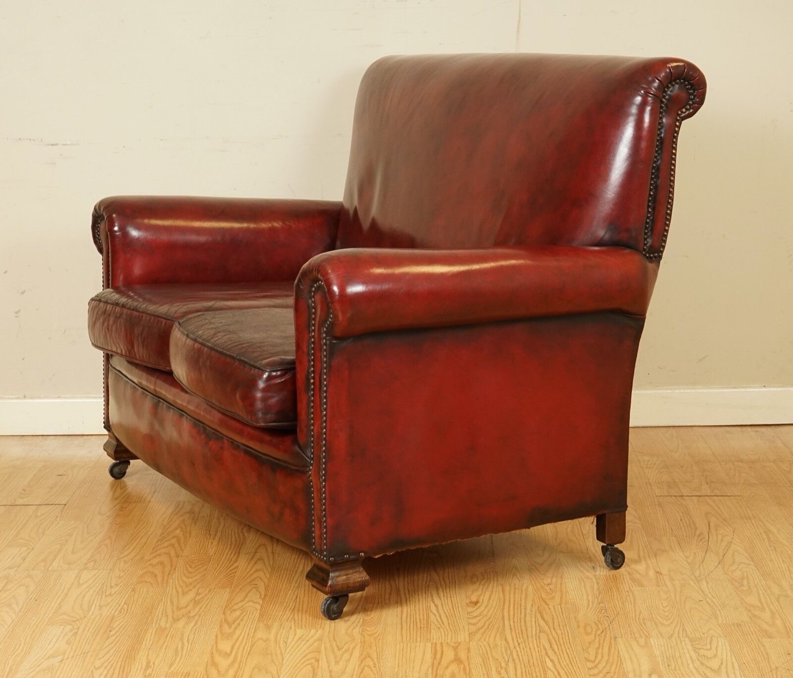 Furniture Stunning Victorian Burgundy Gentleman's Club Hand Dyed Leather Sofa photo