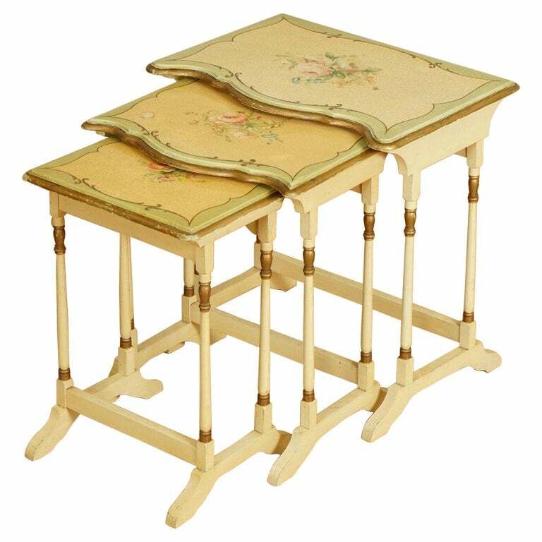 Vintage French Hand Painted Floral Nest Of Tables
