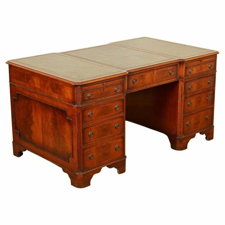 E.G Hudson Fully Restored Twin Pedestal Mahogany Desk With Green Leather Top