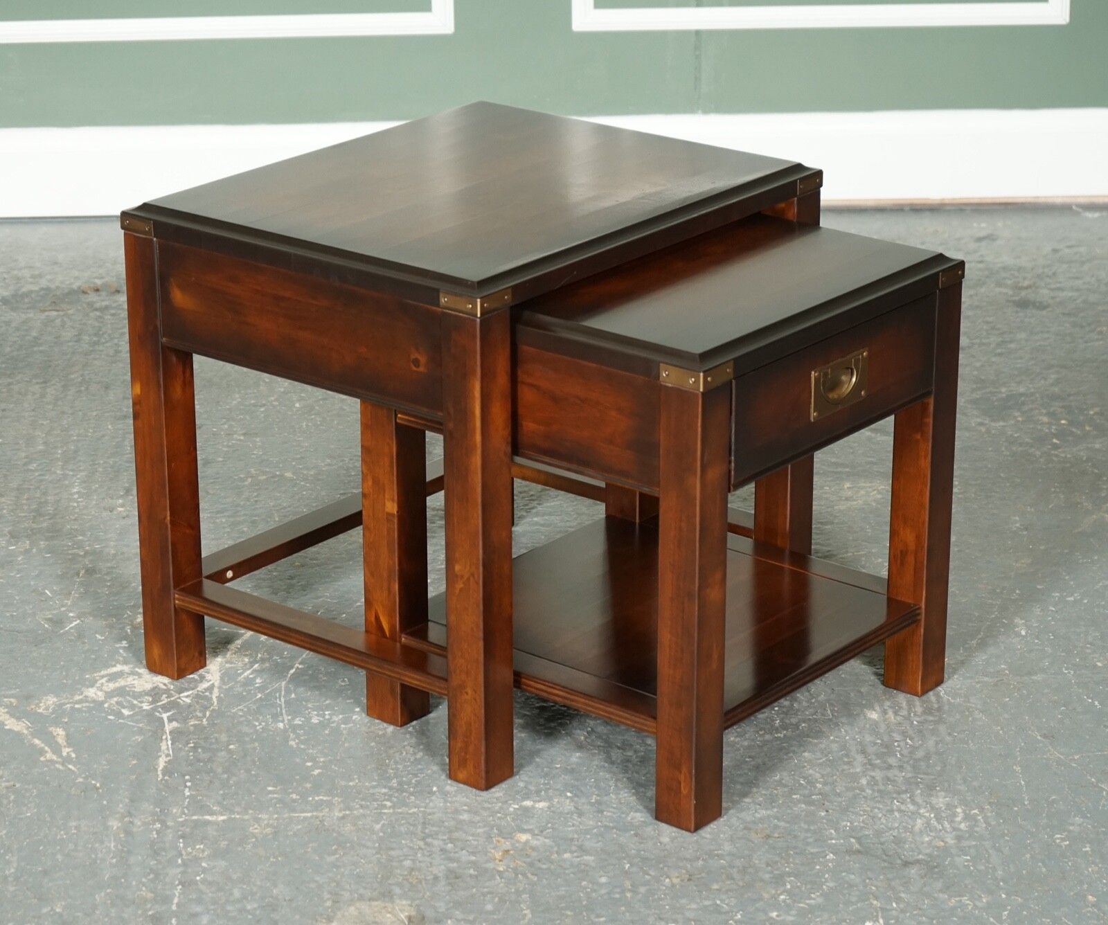 Vintage Mahogany & Brass Military Campaign Nest Of Tables With Drawer photo furniture