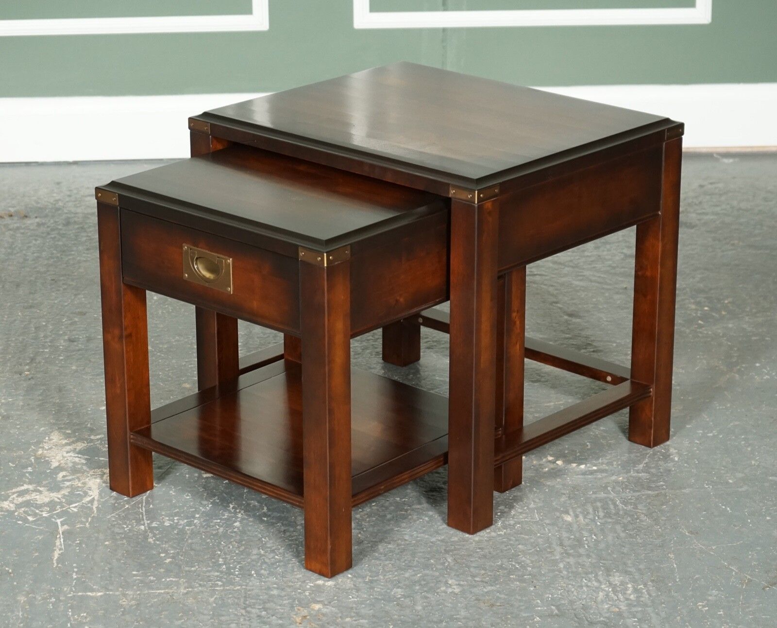 Vintage Mahogany & Brass Military Campaign Nest Of Tables With Drawer photo for sale