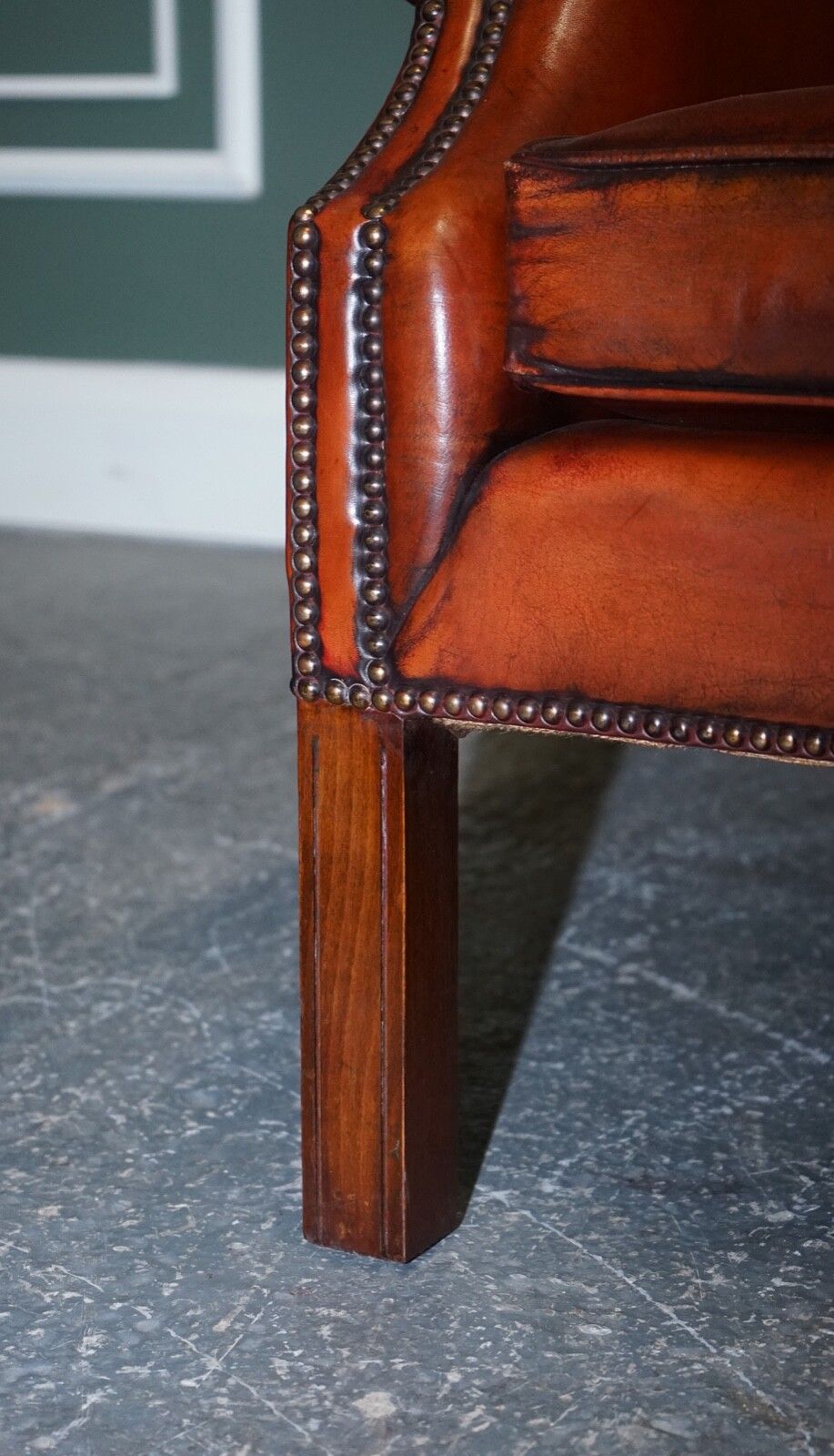 Stunning Pair Of Burgundy Brown Leather Hand Dyed Wingback Chairs photo buy