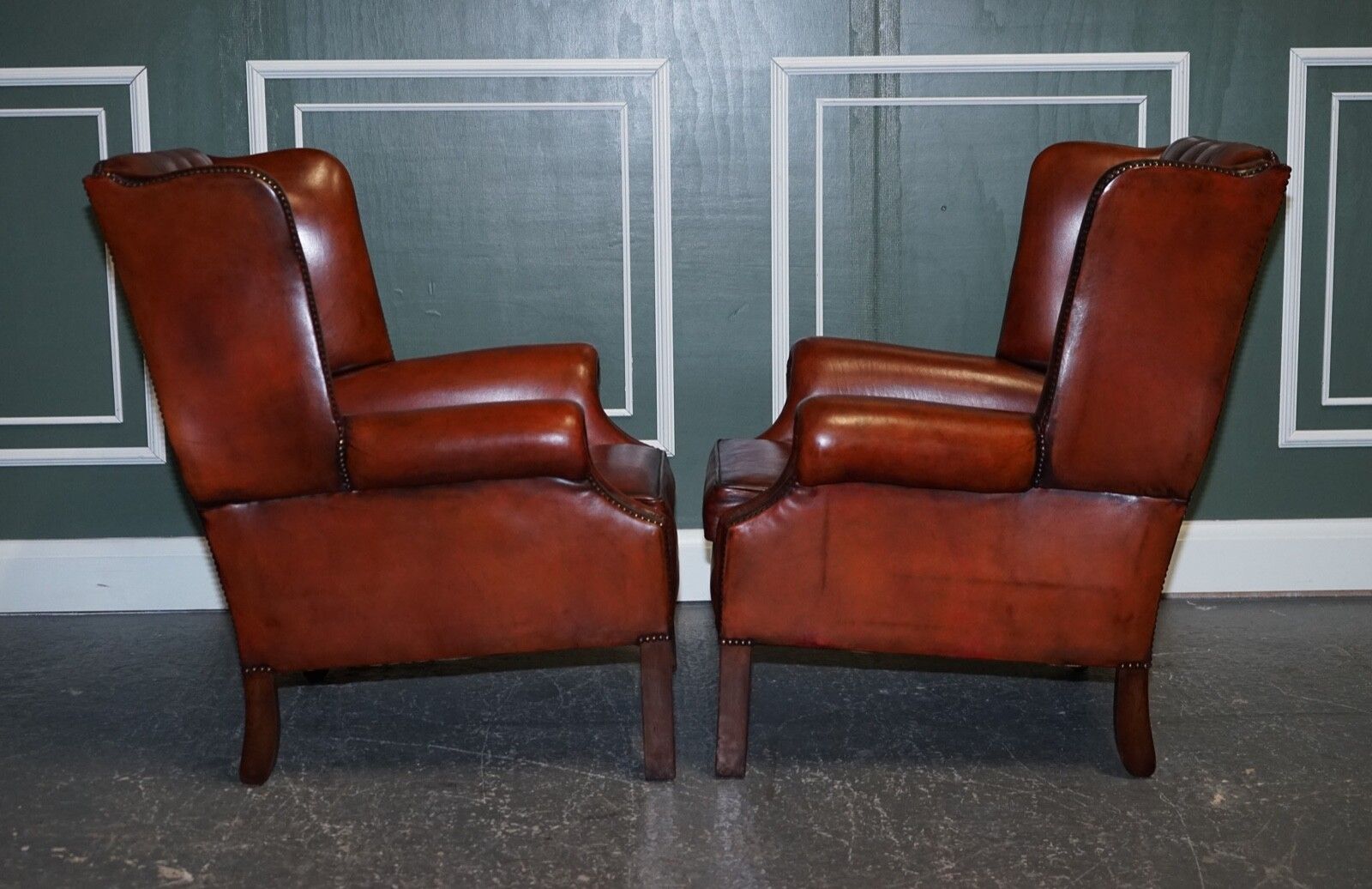 photo for sale Stunning Pair Of Burgundy Brown Leather Hand Dyed Wingback Chairs