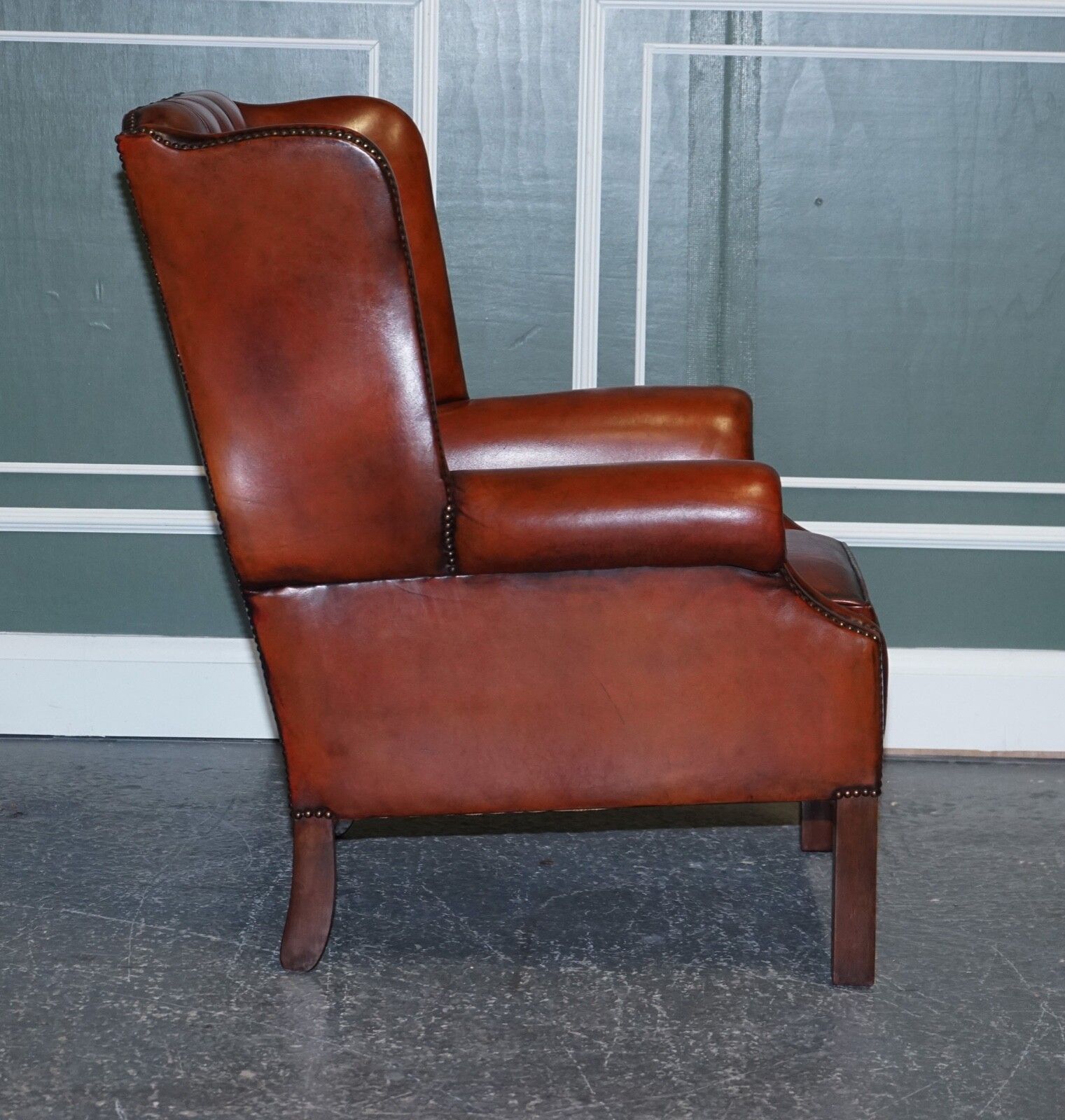 Furniture Stunning Pair Of Burgundy Brown Leather Hand Dyed Wingback Chairs photo