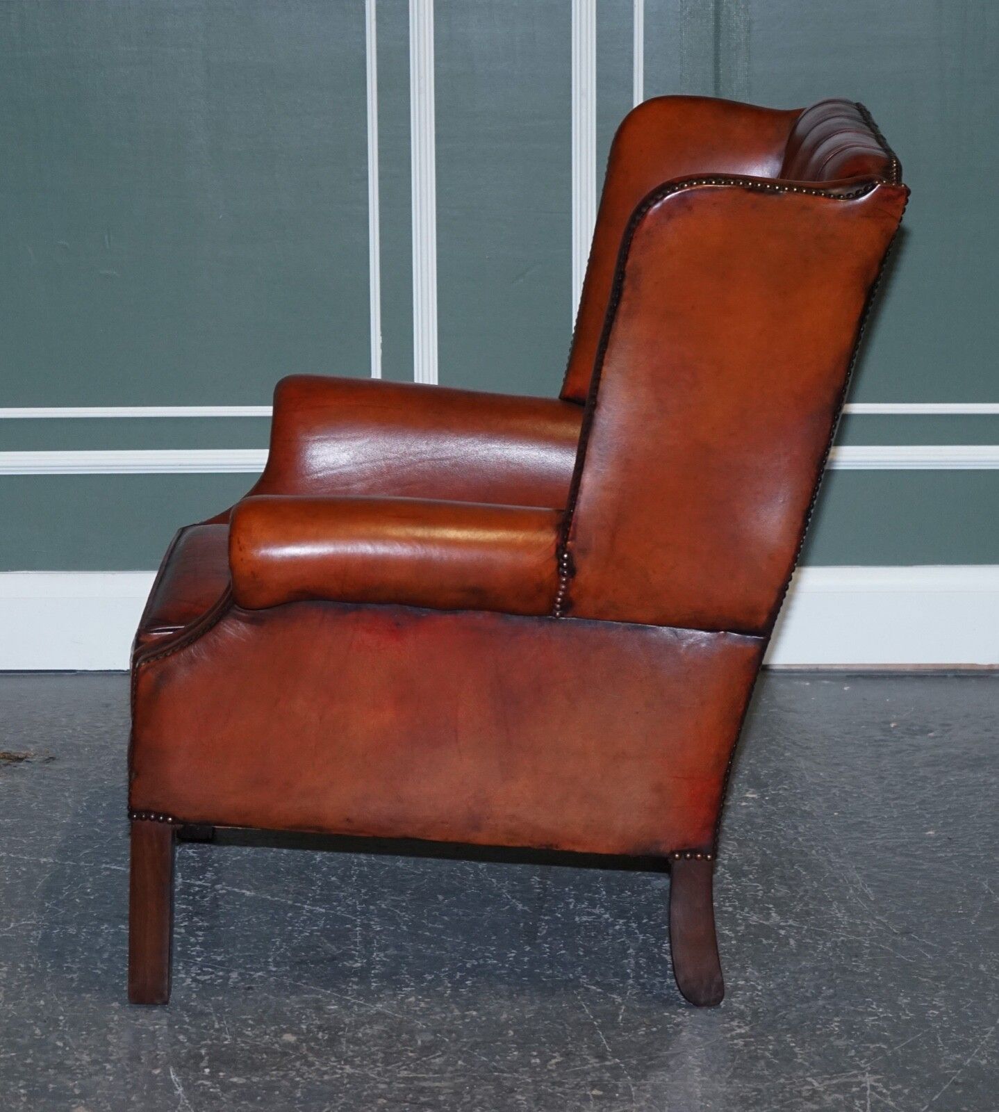 5000.0 Stunning Pair Of Burgundy Brown Leather Hand Dyed Wingback Chairs photo
