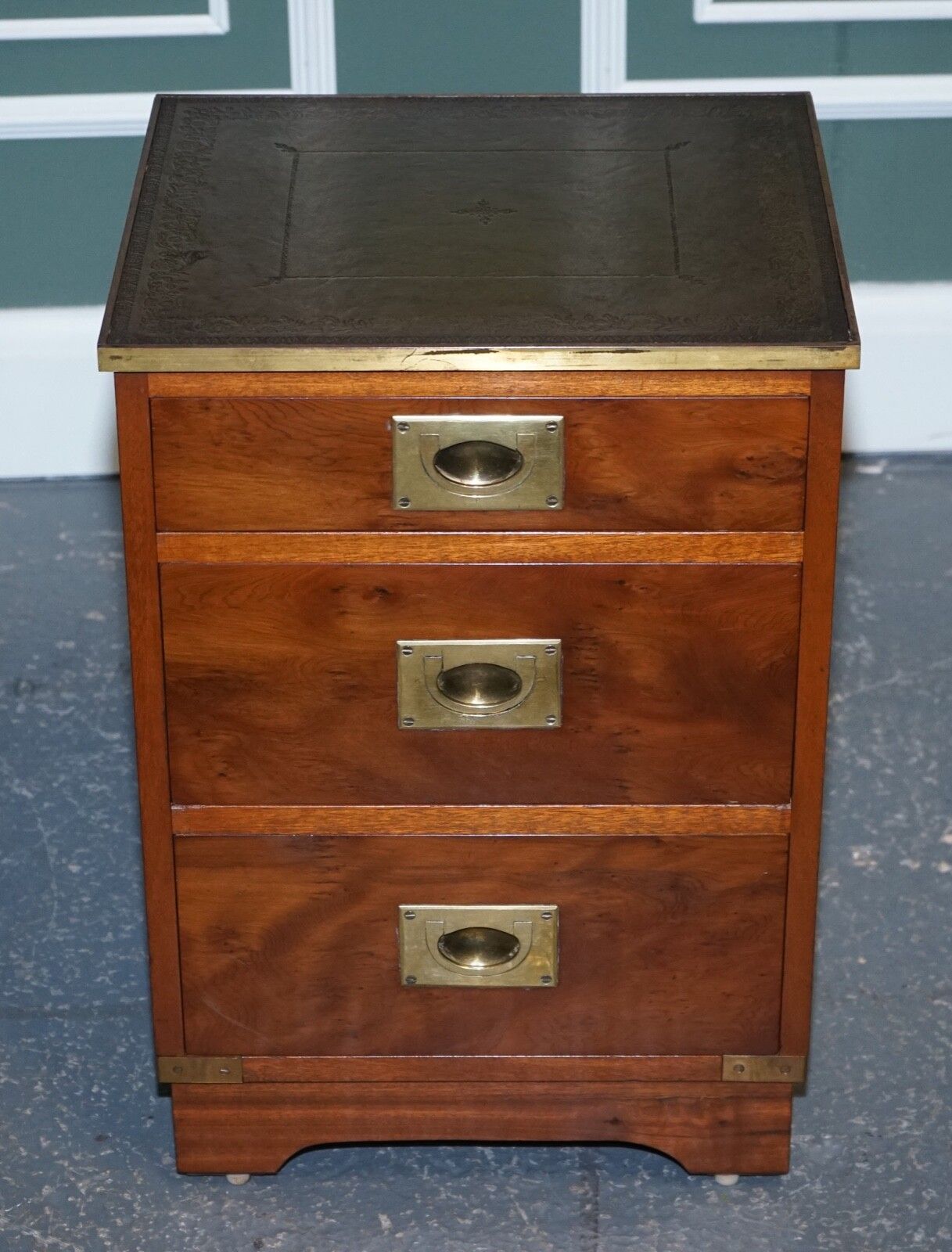Military Campaign Bedside Nightstand End Table Green Leather Top photo vintage