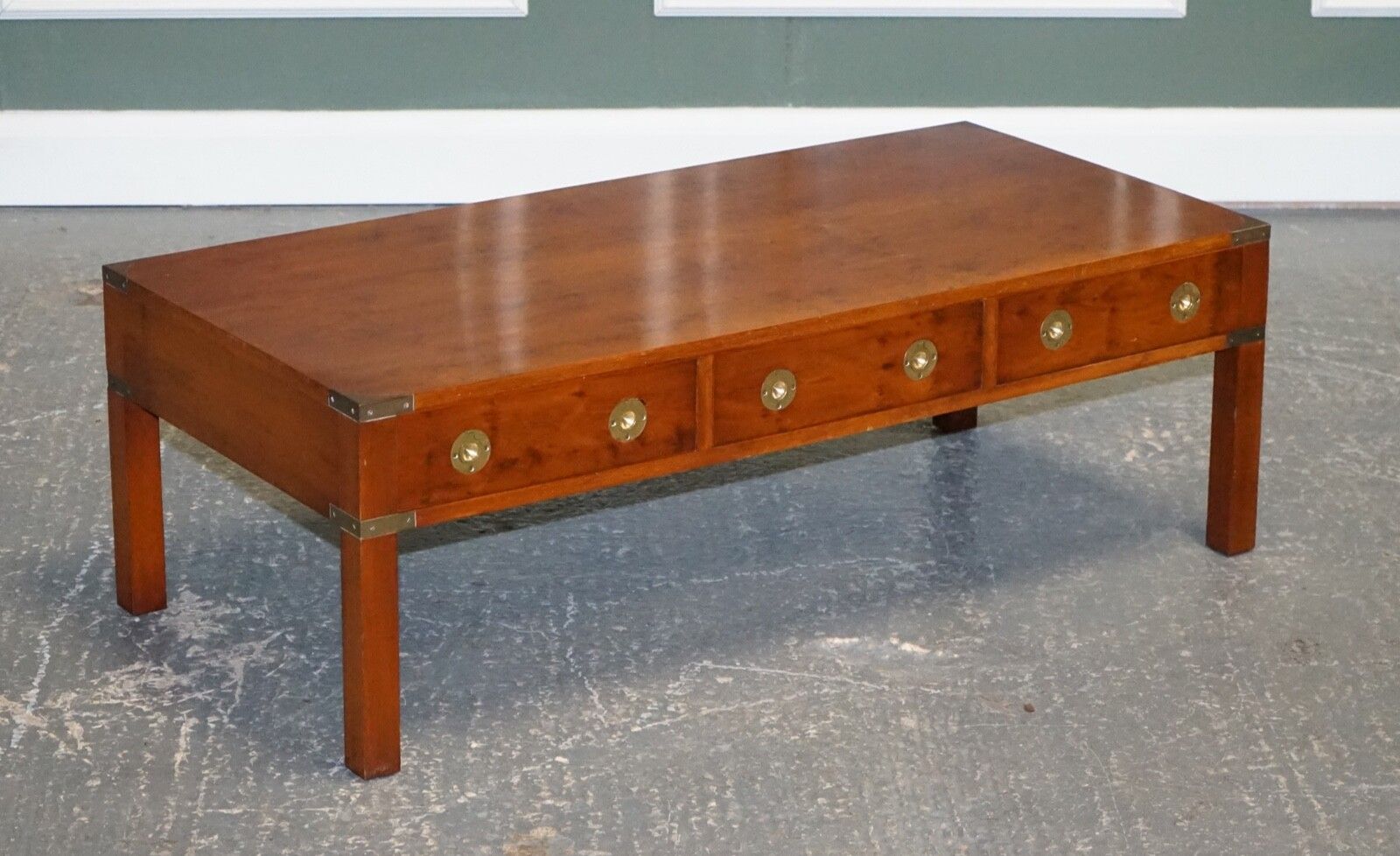 Restored Burr Yew & Elm Brass Military Campaign 3 Drawer Coffee Table photo furniture