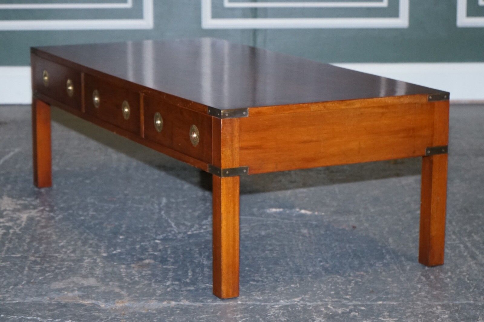 Restored Burr Yew & Elm Brass Military Campaign 3 Drawer Coffee Table photo buy