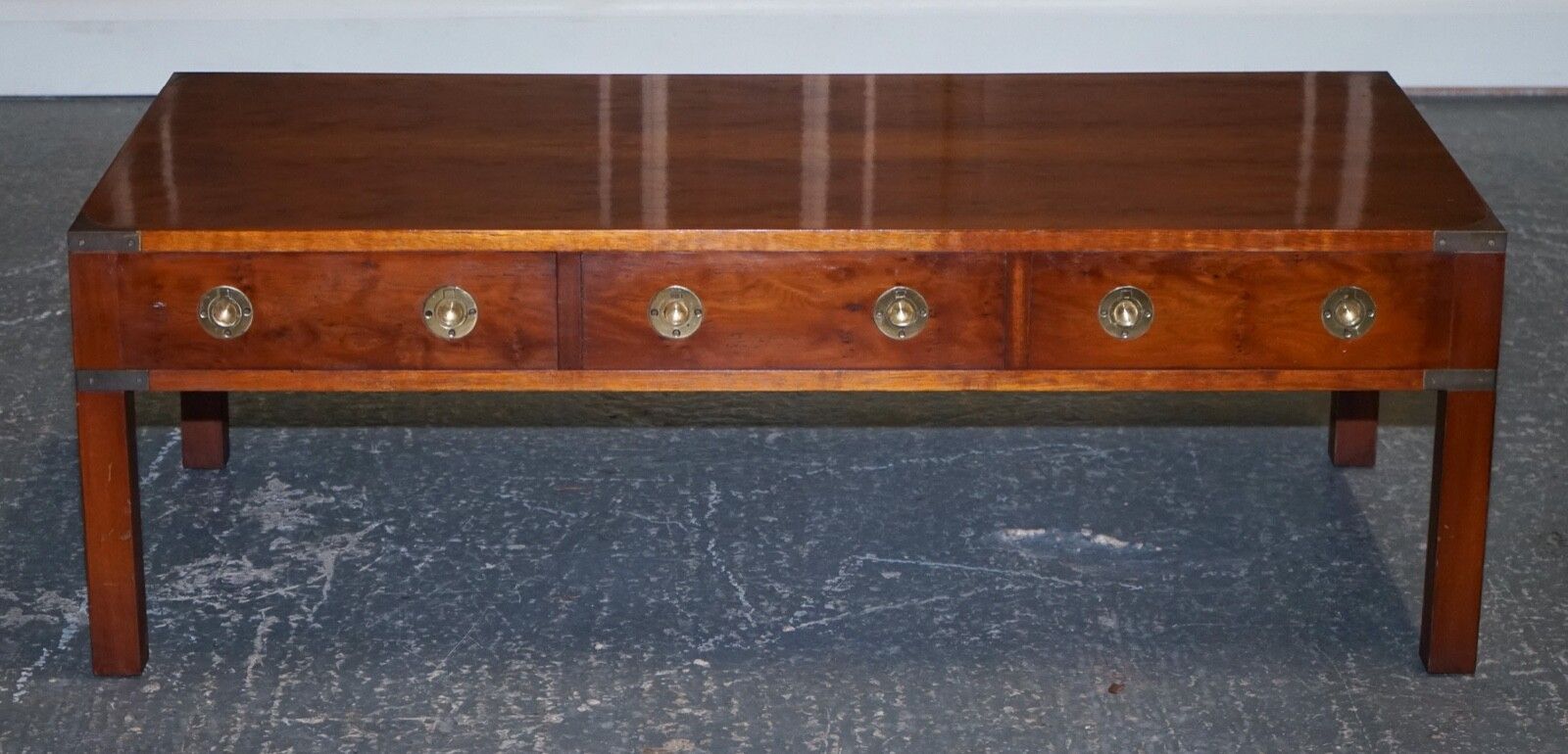 photo for sale Restored Burr Yew & Elm Brass Military Campaign 3 Drawer Coffee Table