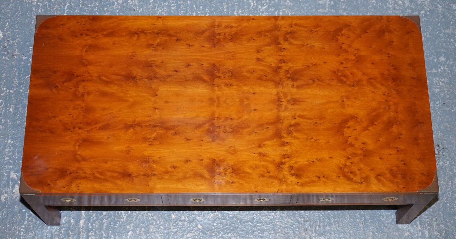 1650.0 Restored Burr Yew & Elm Brass Military Campaign 3 Drawer Coffee Table photo