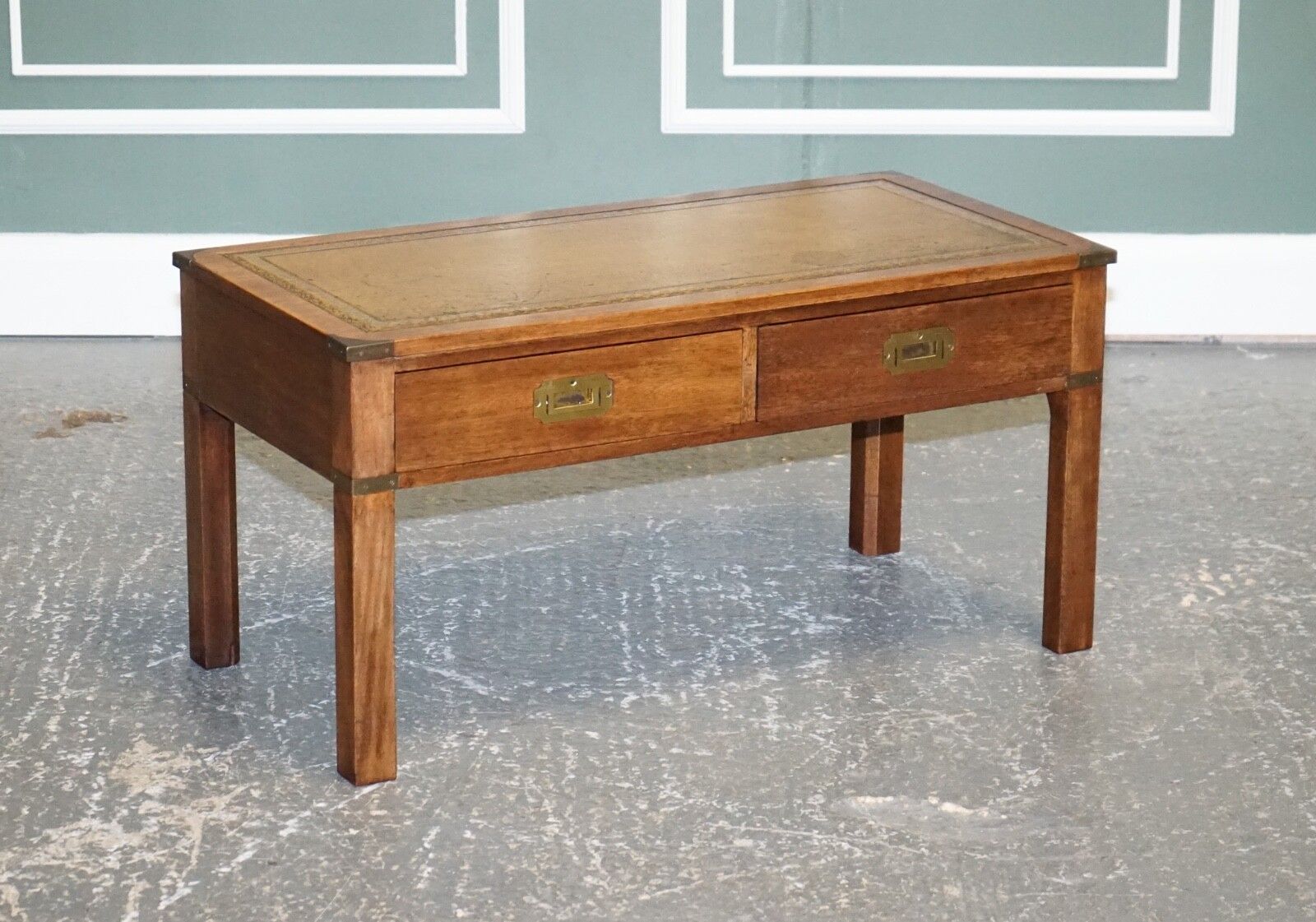 Harrods London Kennedy Military Campaign Coffee Table With Brown Leather Top photo for sale