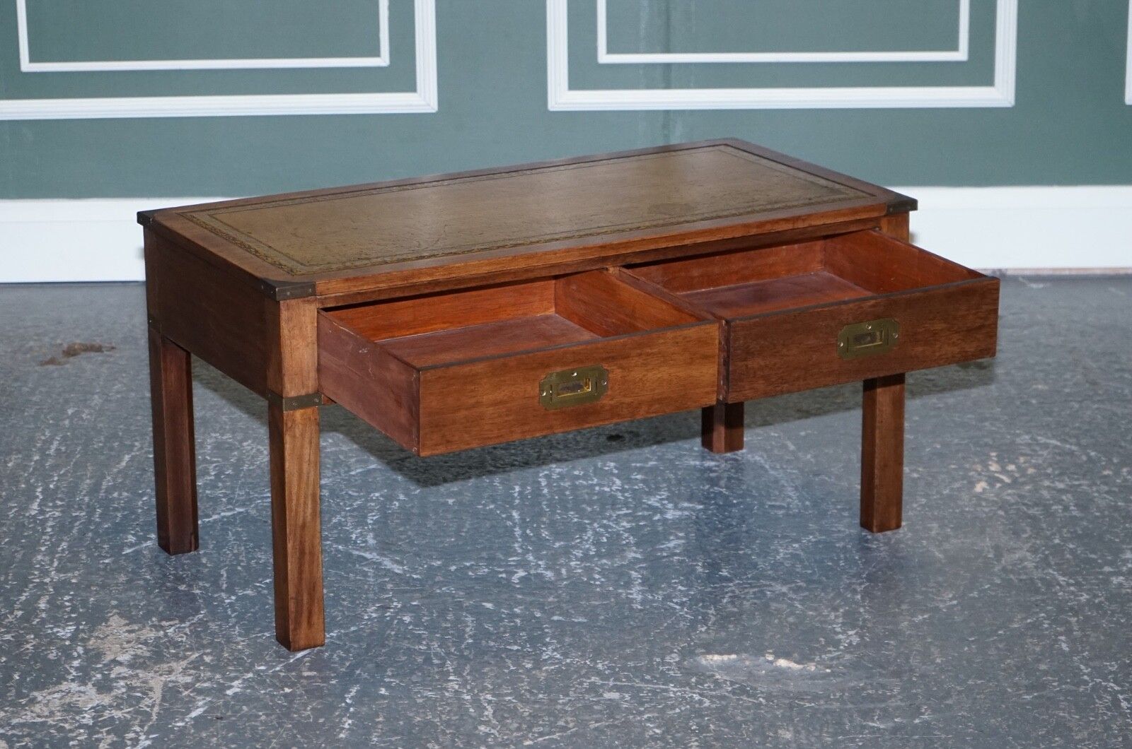 Harrods London Kennedy Military Campaign Coffee Table With Brown Leather Top photo 950.0