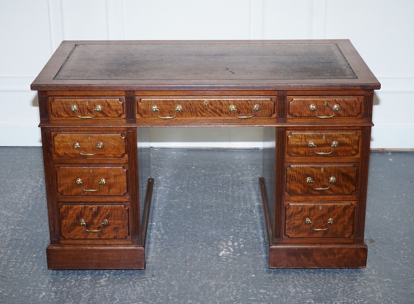 Edwardian Maple & Co Pedestal Writing Desk Distressed Brown Embossed Leather photo for sale