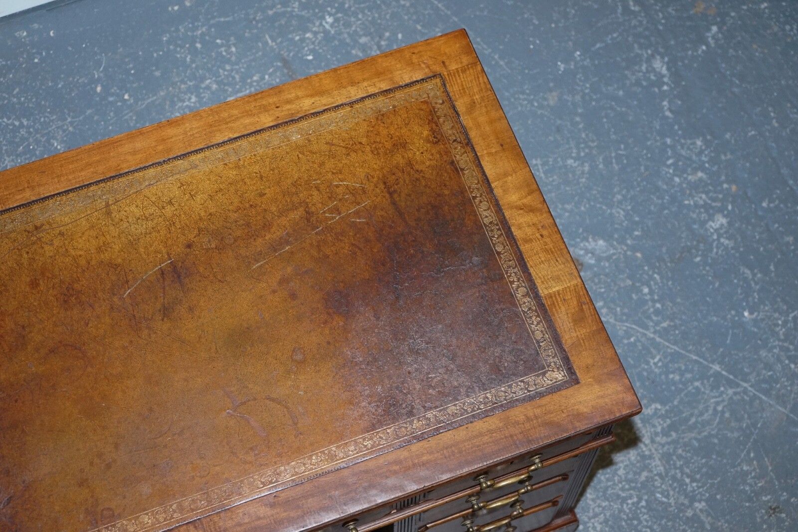 photo vinterior Edwardian Maple & Co Pedestal Writing Desk Distressed Brown Embossed Leather