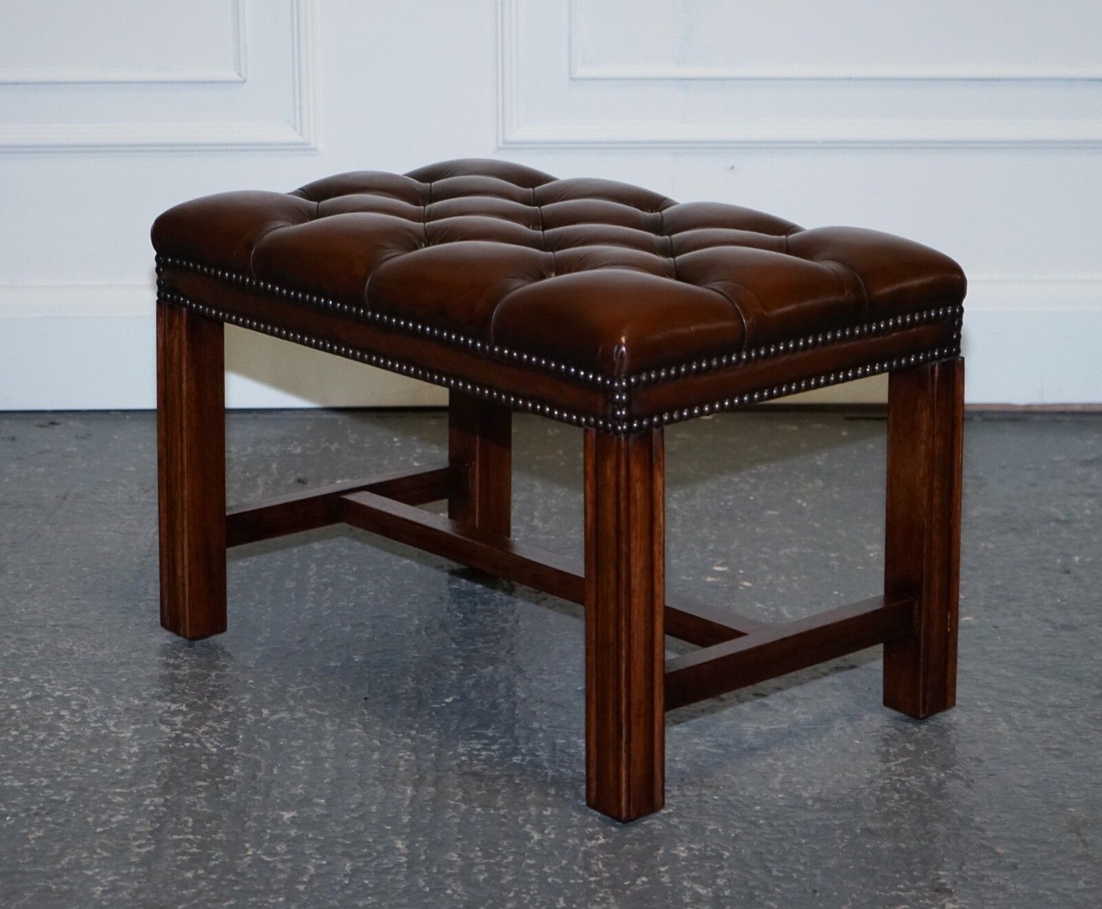Vintage Fully Restored Chesterfield Hand Dyed Brown Leather Tuffed Footstool photo vintage