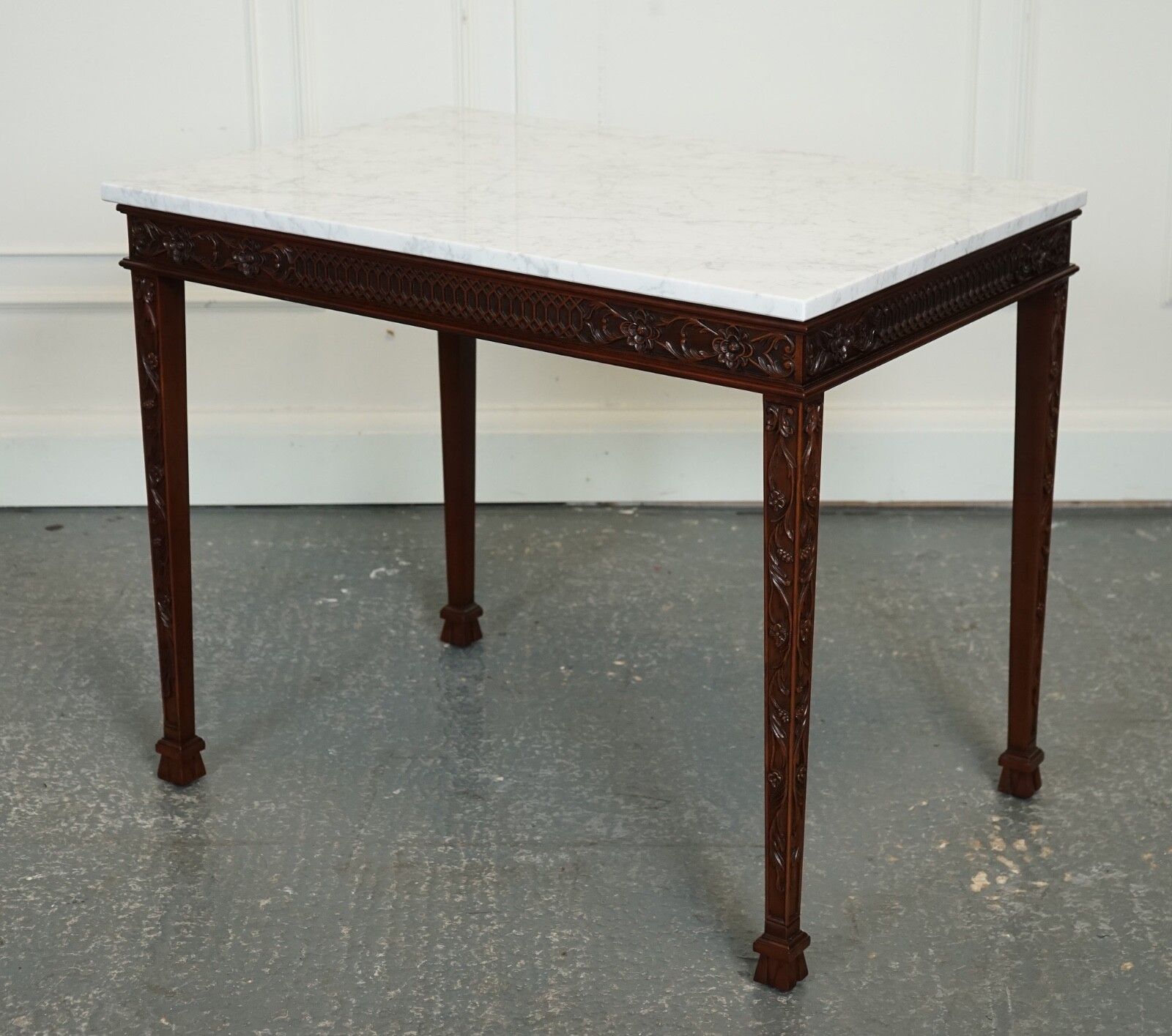 Pair Of Chippendale Style Console Tables With New White Carrara Marble Tops photo for sale