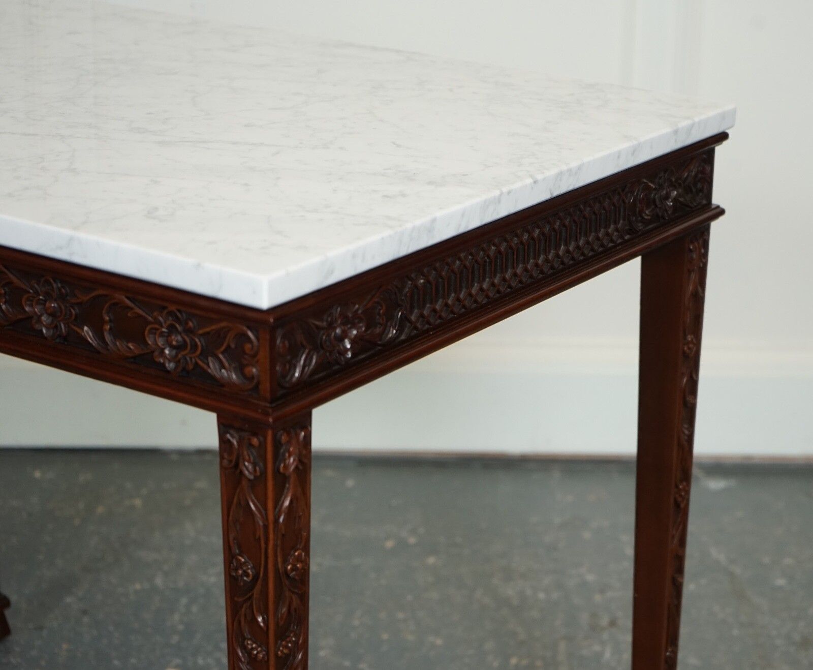 Pair Of Chippendale Style Console Tables With New White Carrara Marble Tops photo Furniture