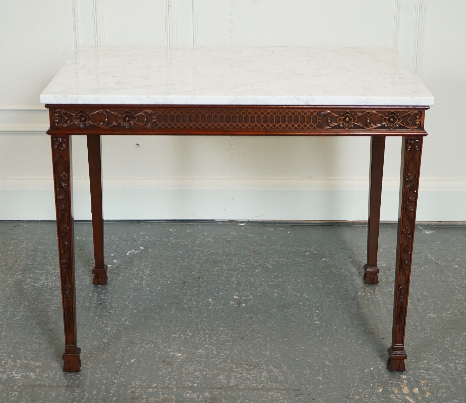 Pair Of Chippendale Style Console Tables With New White Carrara Marble Tops photo 3500.0