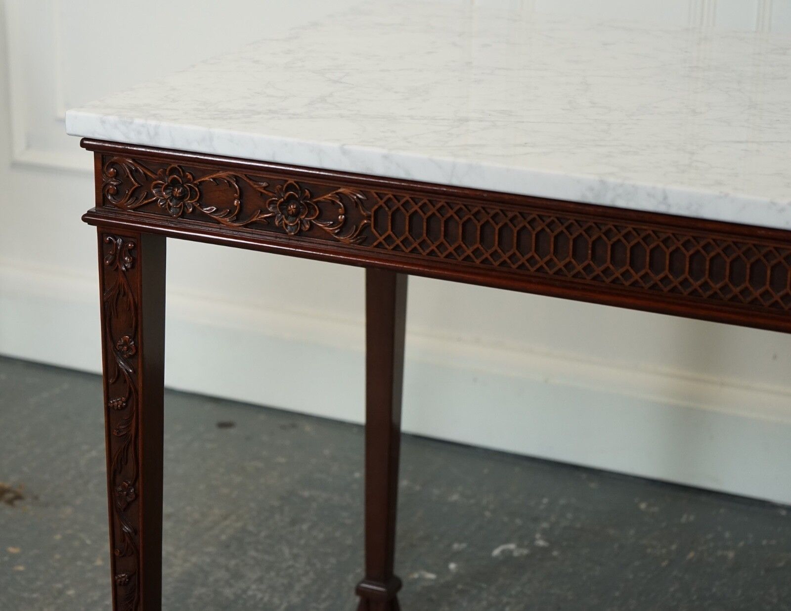 Pair Of Chippendale Style Console Tables With New White Carrara Marble Tops photo vinterior