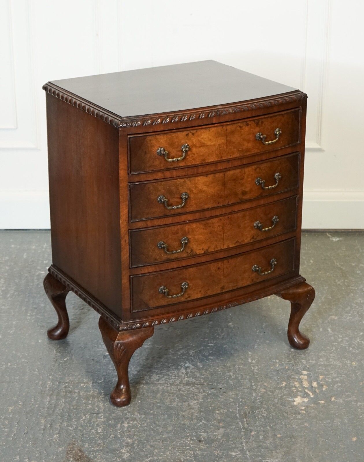 Figured Victorian Walnut Bow Fronted Chest Of Drawers Raised On Queen Anne Legs photo furniture