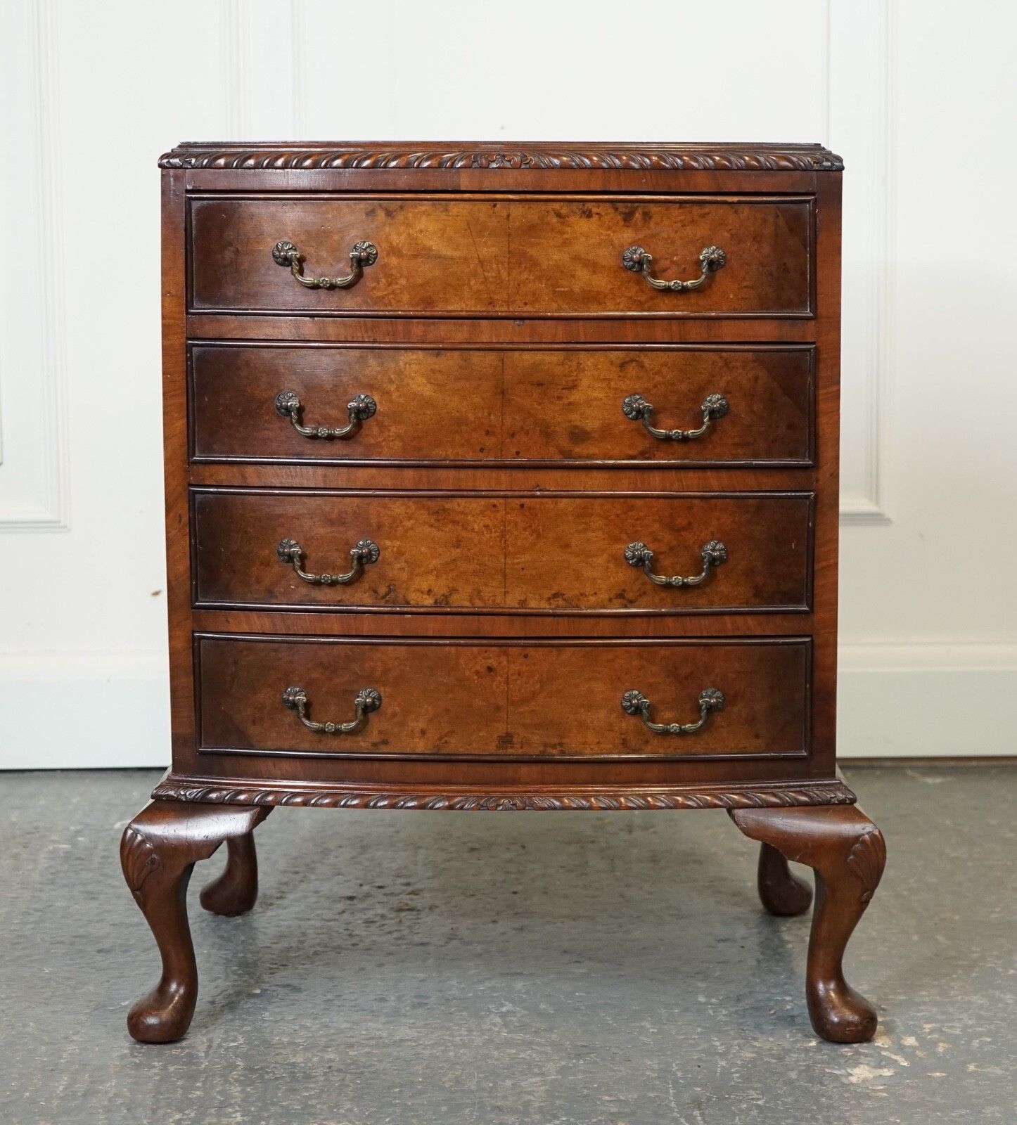Figured Victorian Walnut Bow Fronted Chest Of Drawers Raised On Queen Anne Legs photo 850.0