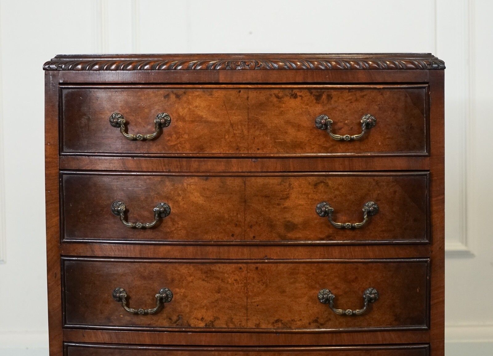 Figured Victorian Walnut Bow Fronted Chest Of Drawers Raised On Queen Anne Legs photo vinterior