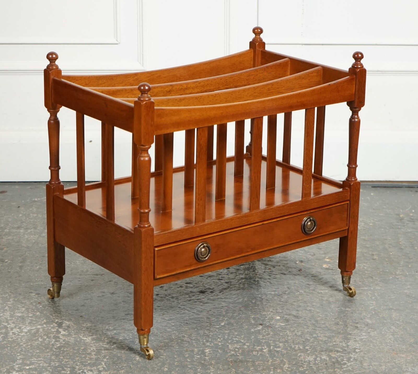 Vintage Yew Wood Canterbury Newspaper Rack With Brass Handles And Drawer J1 photo furniture
