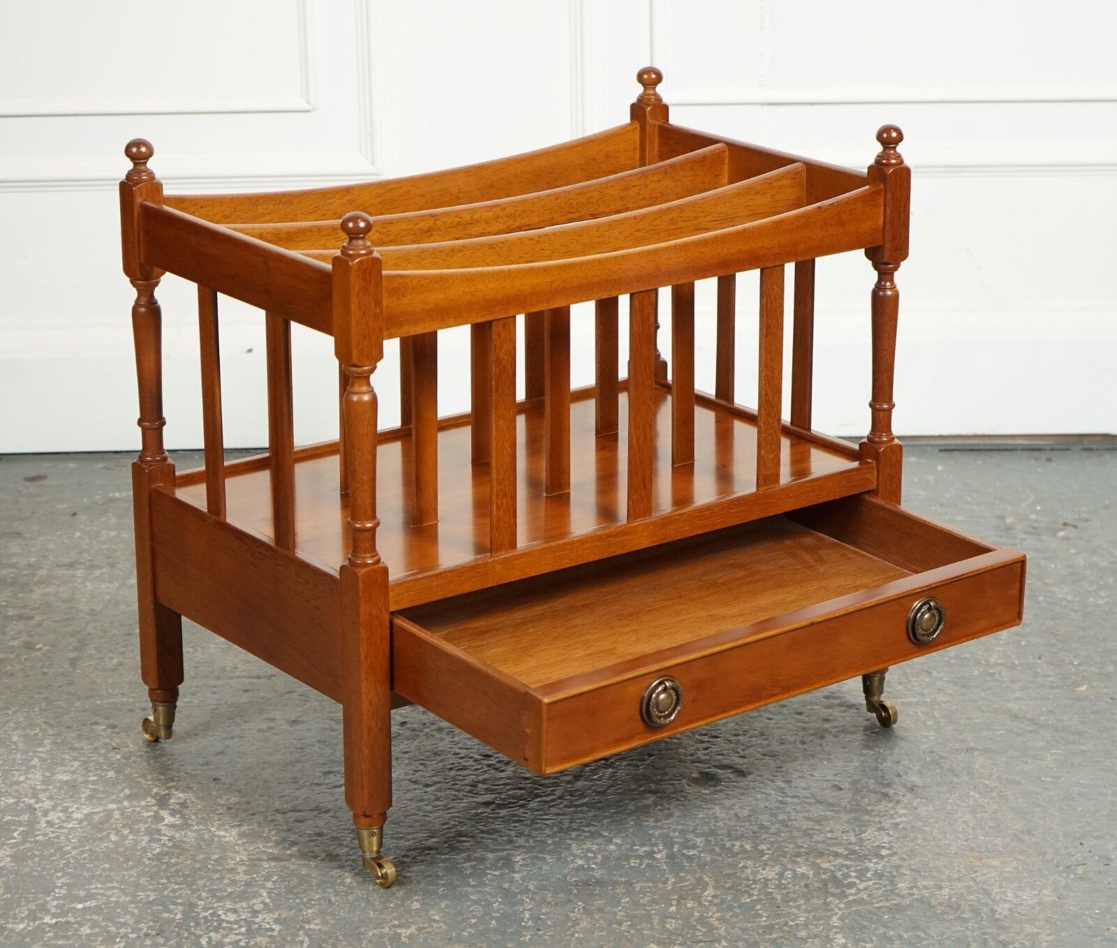 Vintage Yew Wood Canterbury Newspaper Rack With Brass Handles And Drawer J1 photo for sale