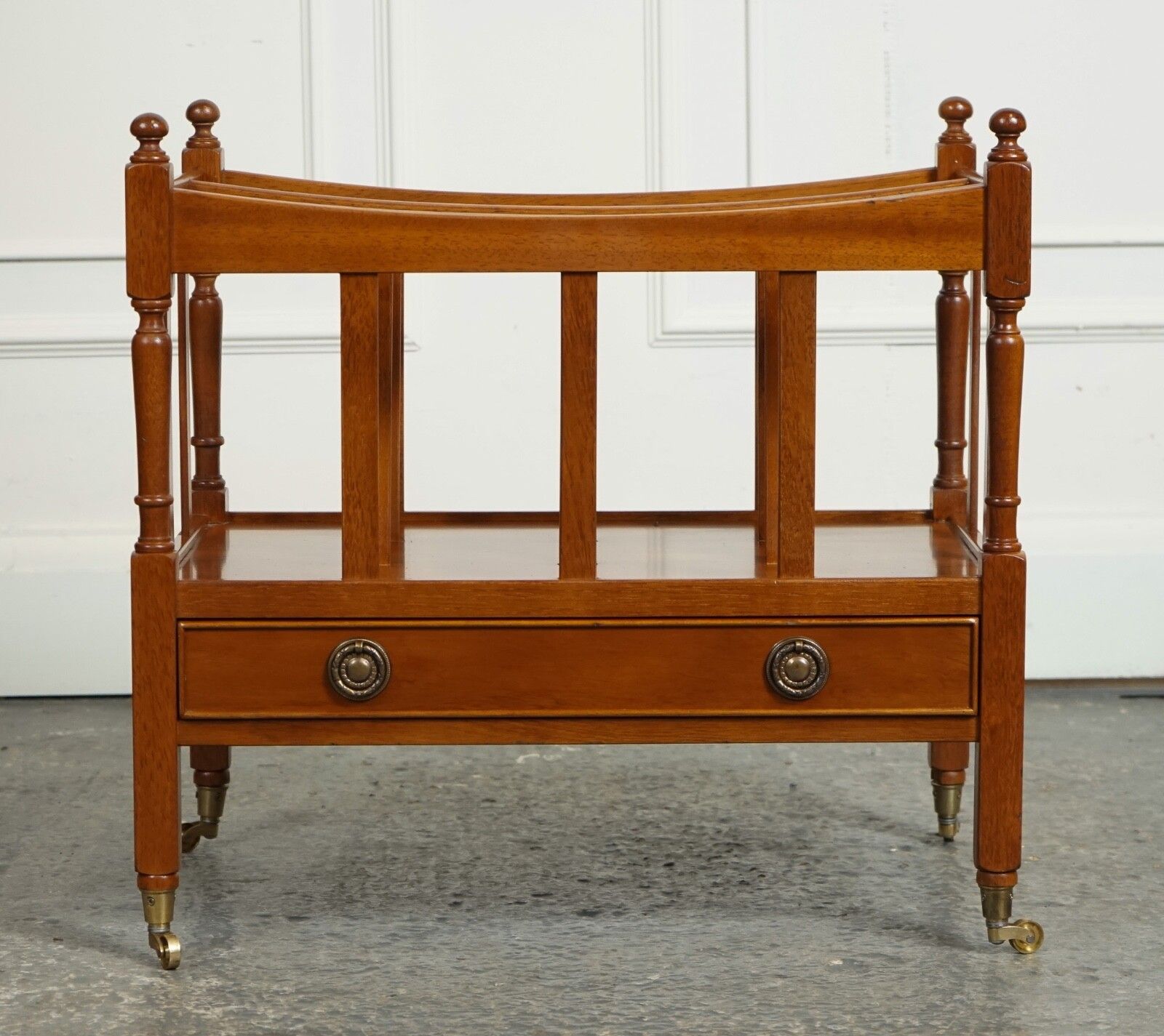 Vintage Yew Wood Canterbury Newspaper Rack With Brass Handles And Drawer J1 photo vinterior
