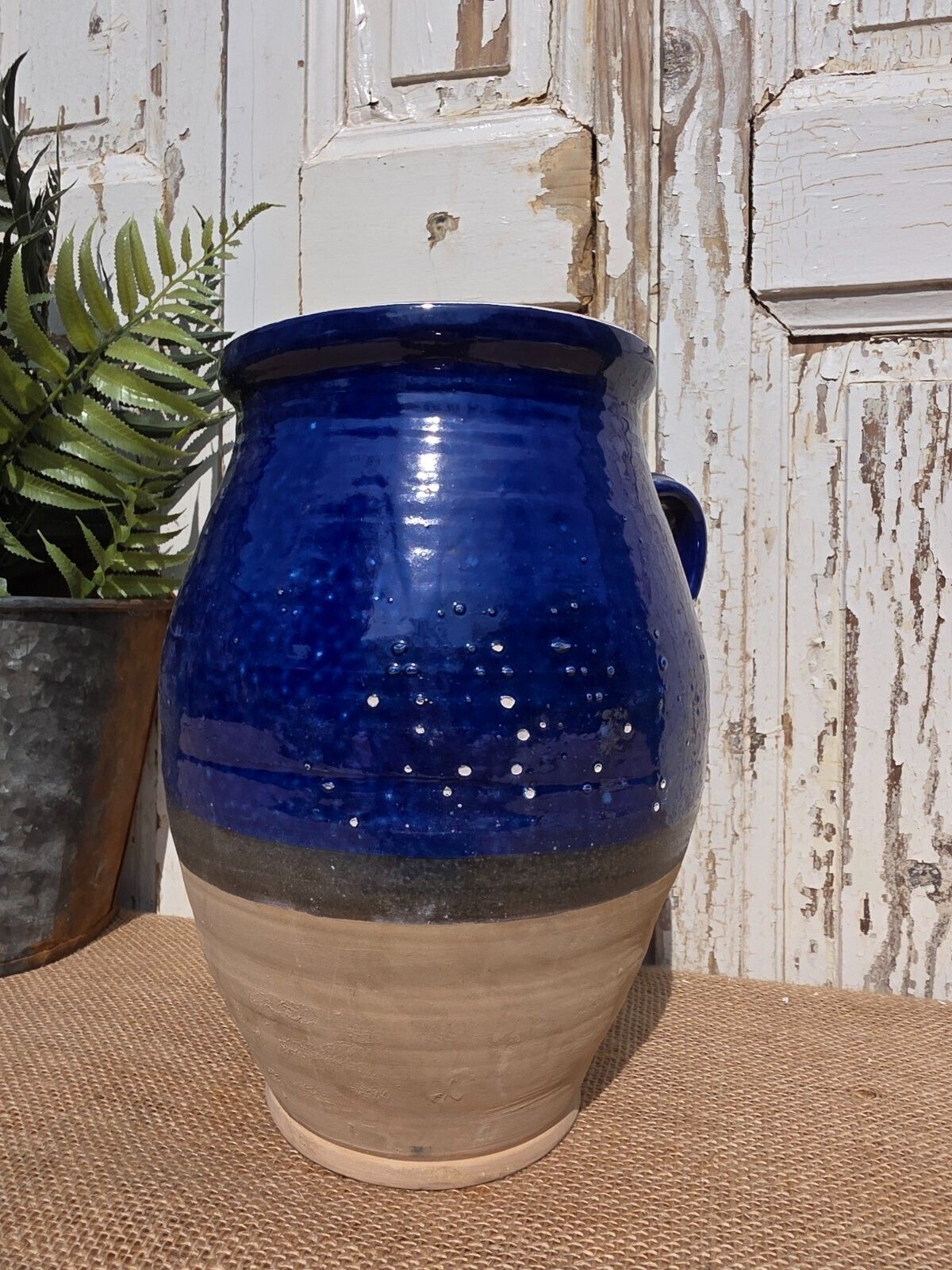 Rustic Hand Made Blue Glazed Clay Terracotta French Style Confit Pot photo for sale